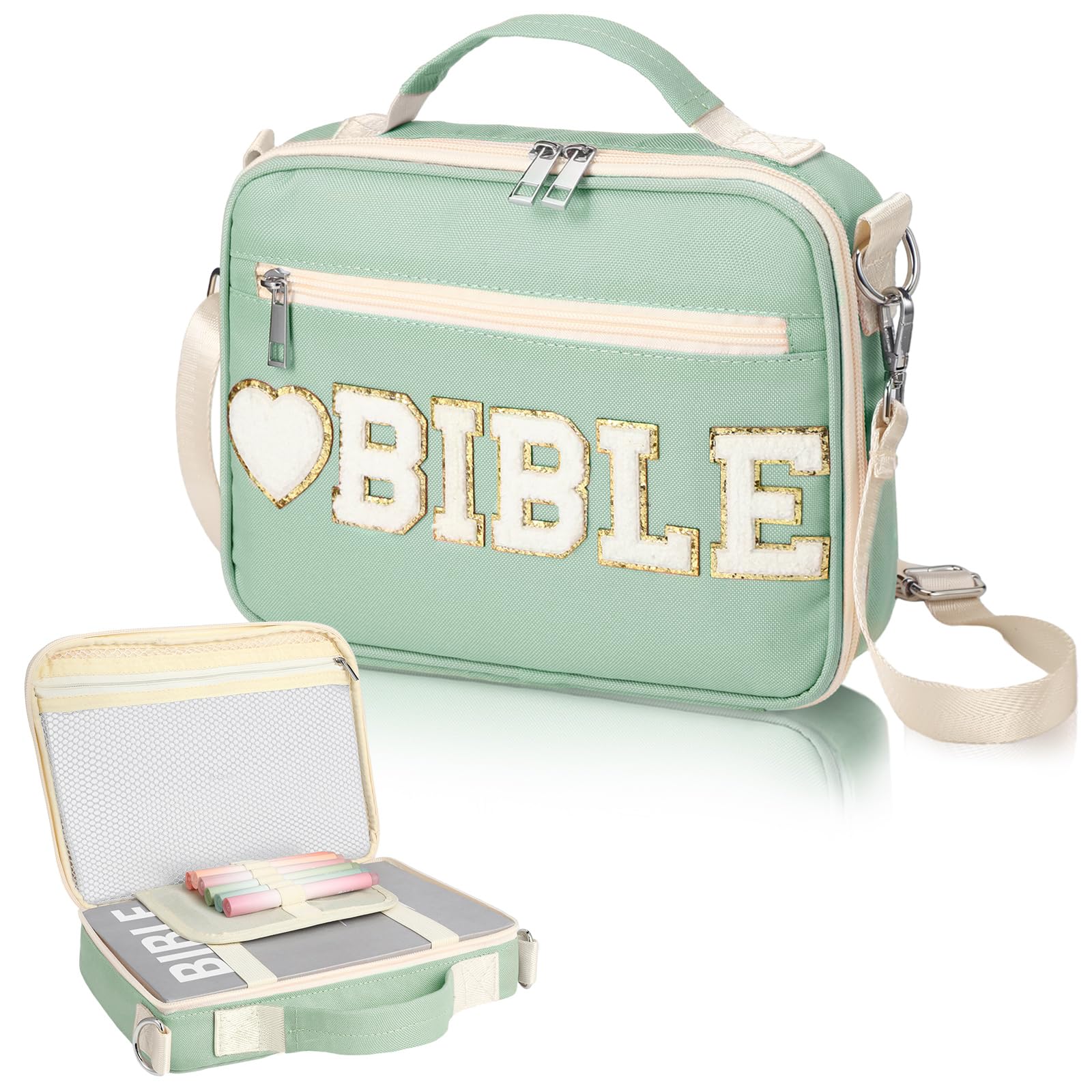 Silkfly Large Chenille Letter Bible Cover for Women - Soft Preppy Patch Bible Case with Handle, Church Bag (Sage Green) | Perfect Gift for Christian Women, Bible Study & Church Services