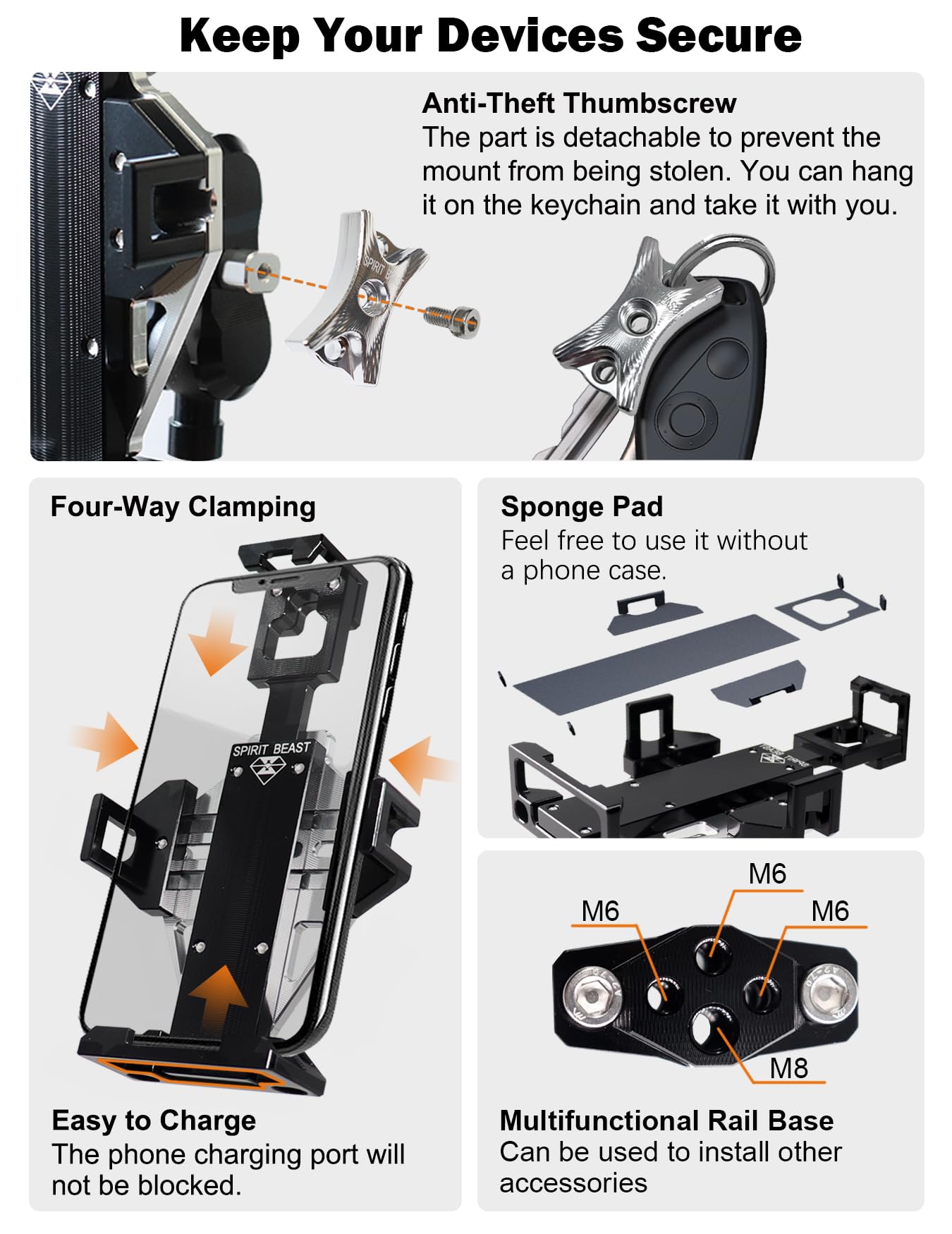 Premium Aluminum Motorcycle Phone Mount - Heavy Duty & Anti-Theft Phone Holder for Harley Davidson & All Motorcycle Handlebars (Silver/Black) - Perfect for GPS Navigation & Adventure Riding