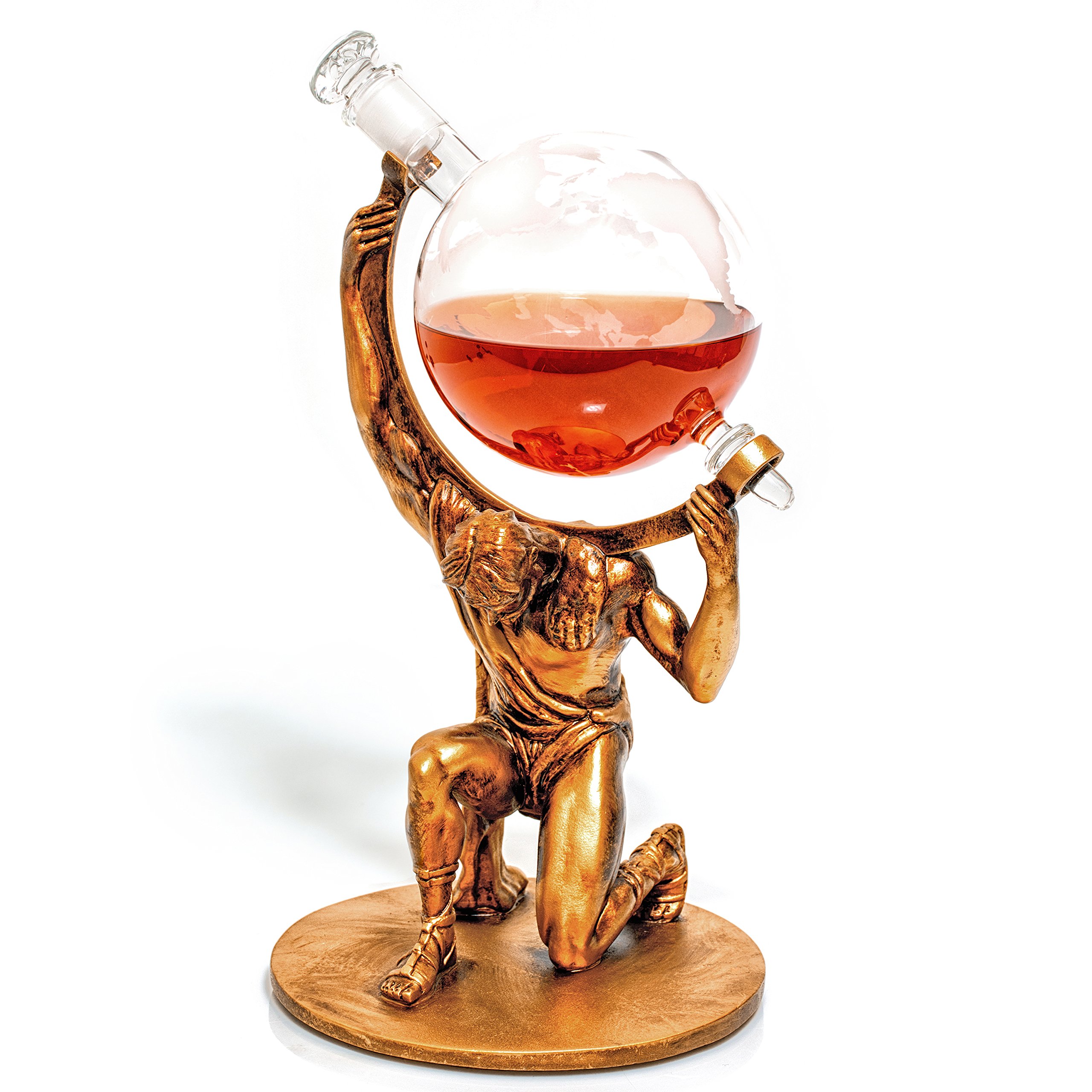 Atlas Etched Globe Whiskey Decanter - 1000ml Glass Liquor Decanter - Unique Retirement, Anniversary & Father's Day Gift for Men & Women - Perfect for Home Bar, Office Decor & Special Occasions (Bearer of Worldly Spirits)