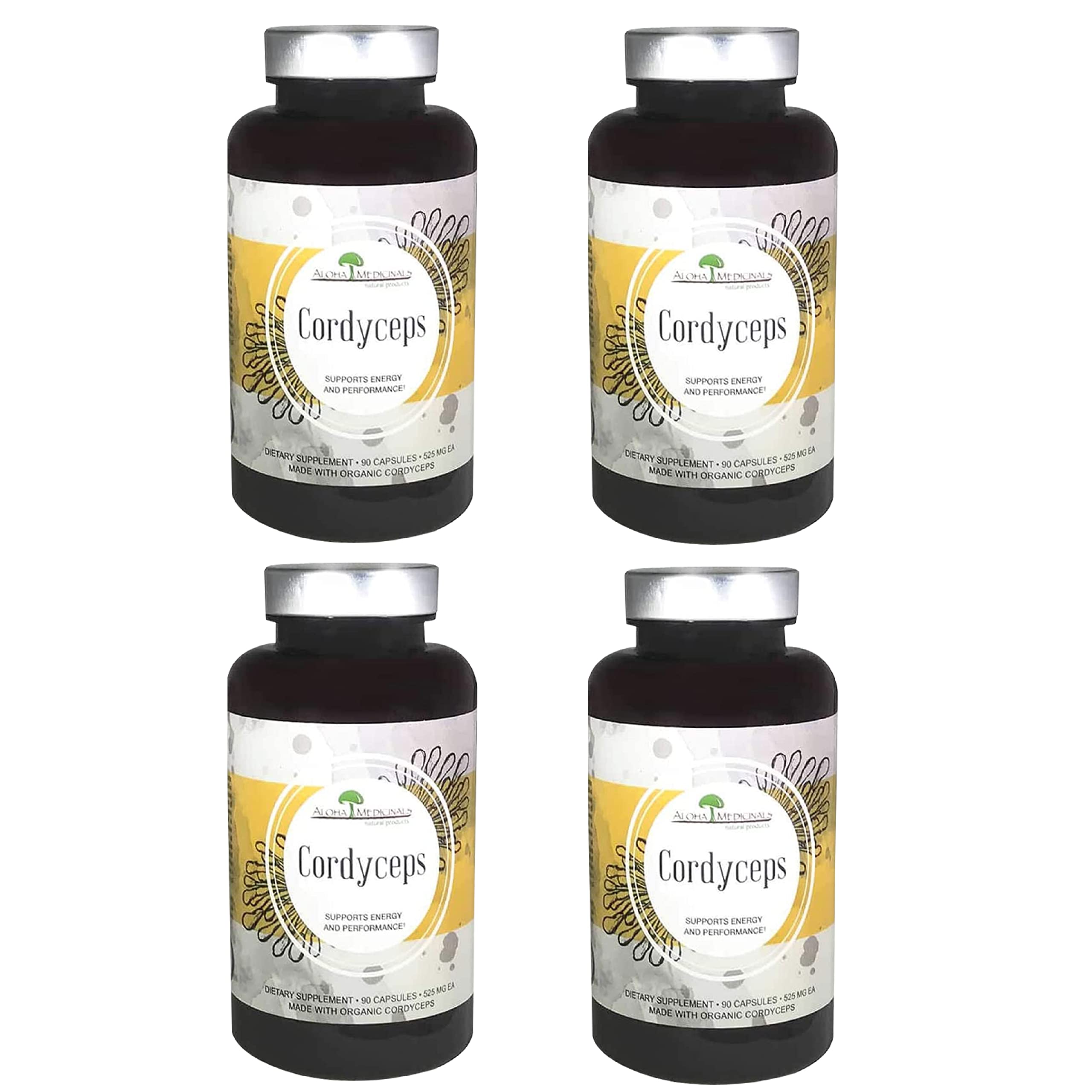 Aloha Medicinals Pure Cordyceps Mushroom Supplement - USDA Certified Organic, Immune System & Energy Booster - 360 Capsules (4 x 90ct) - Supports Athletic Performance & Daily Wellness