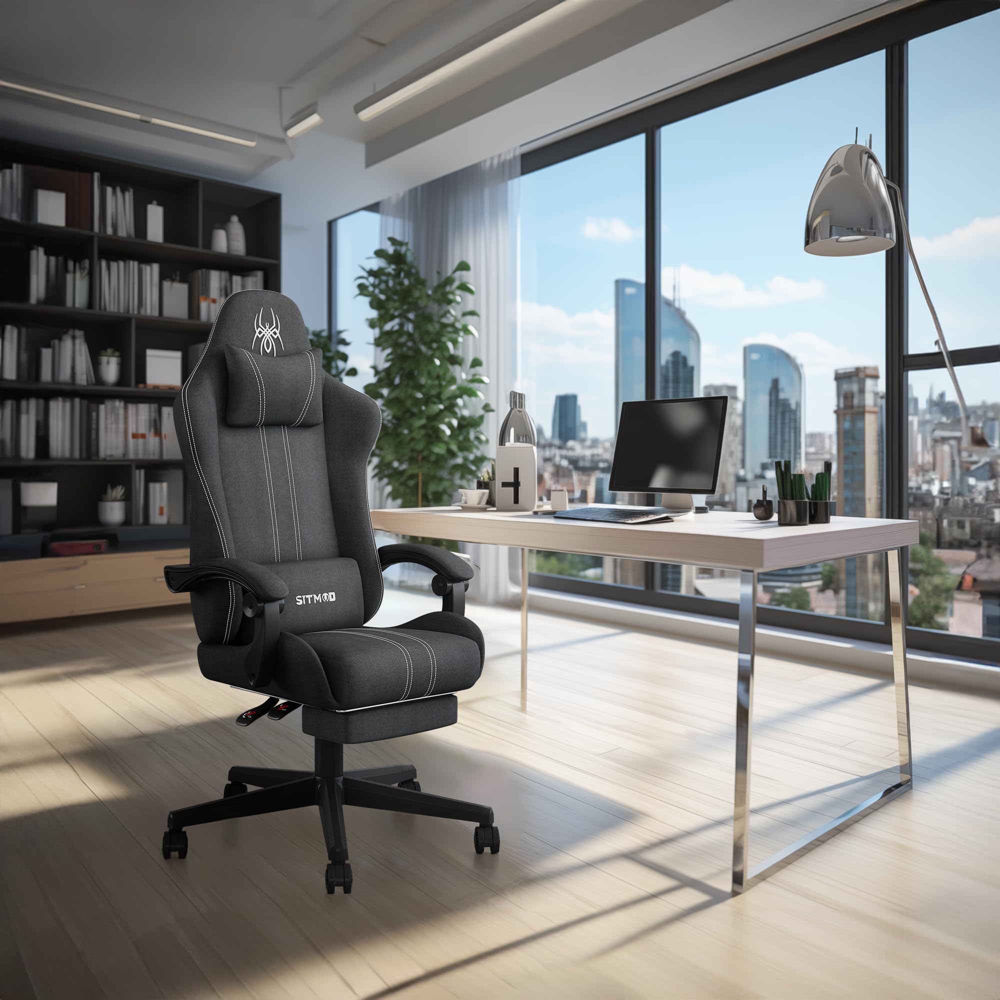 SITMOD Ergonomic Gaming Chair with Adjustable Headrest & Lumbar Support - Breathable Fabric Big and Tall Computer Chair with Footrest, Recliner & 360° Swivel - Comfortable Office & Gaming Chair for Adults (Grey) - Perfect for Long Gaming Sessions & Home Office Work