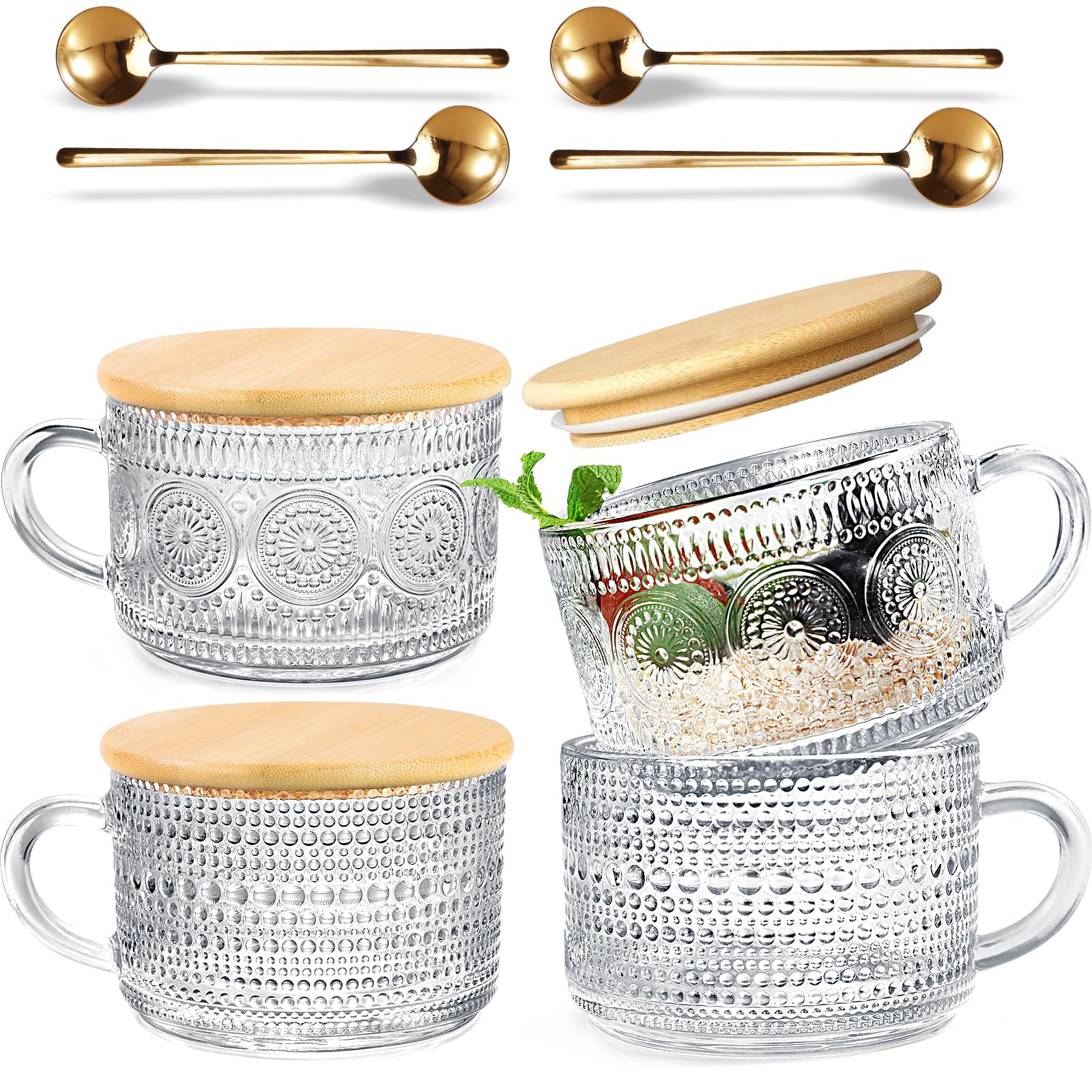 Vintage Glass Coffee Mugs Set of 4 - 14oz Clear Tea Cups with Lids & Spoons - Perfect for Iced Coffee, Tea & Housewarming Gifts - Coffee Bar & Kitchen Accessories for Home, Office & Cafe Use