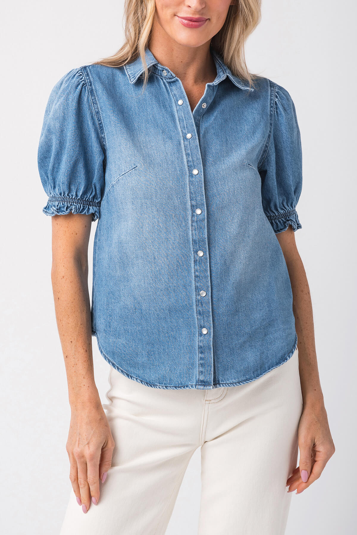Stylish Risen Puff Sleeve Denim Shirt for Women - Trendy Oversized Denim Top with Statement Sleeves - Perfect for Casual Outings, Date Nights & Street Style Fashion