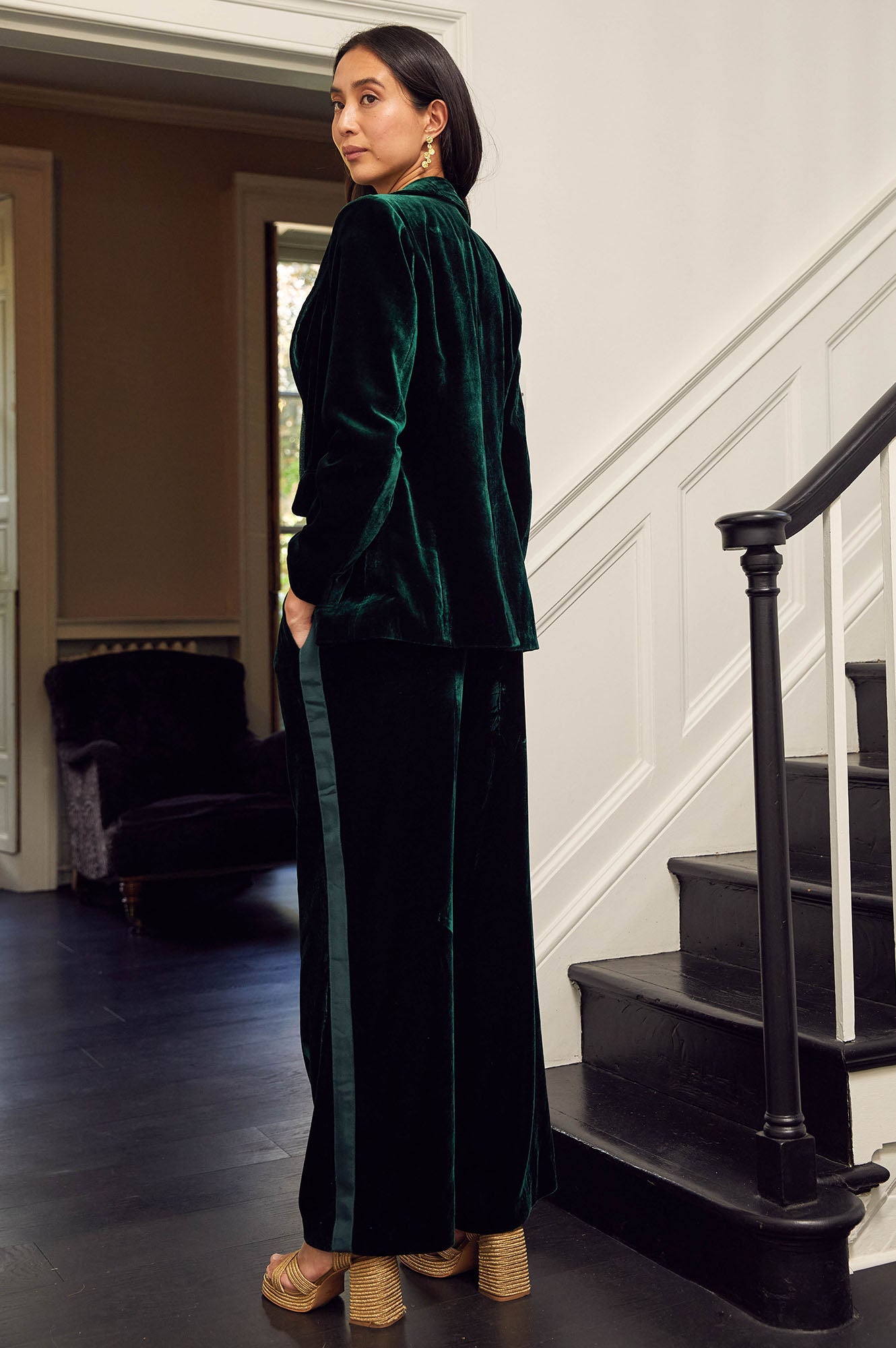 Velvet Side Stripe Trousers for Women - Emerald Green High Waist Pants, Comfortable Stretch Fabric, Fashionable Lounge & Work Pants for Office, Party & Casual Wear