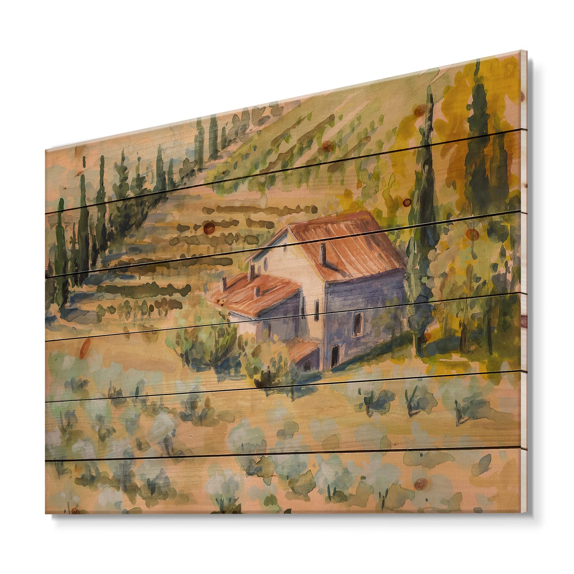 DesignQ Rustic Farmhouse Wood Wall Art - Countryside Landscape Print on Natural Pine Wood, Large Yellow Wooden Wall Decor for Living Room, Bedroom & Farmhouse Style Homes