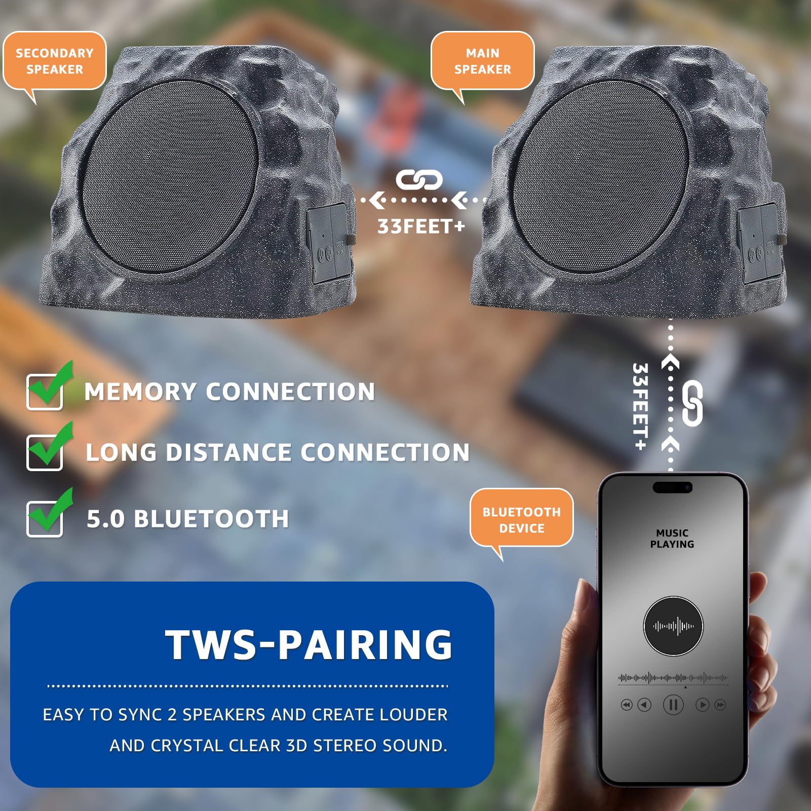 Dolita Rock Speaker - Wireless Bluetooth 5.0 Outdoor Speaker with Solar Charging, 7 RGB LED Lights, IPX6 Waterproof, 20H Playtime - Perfect for Pool Party, Beach, Camping, Garden & Backyard (2 Pack, Black)
