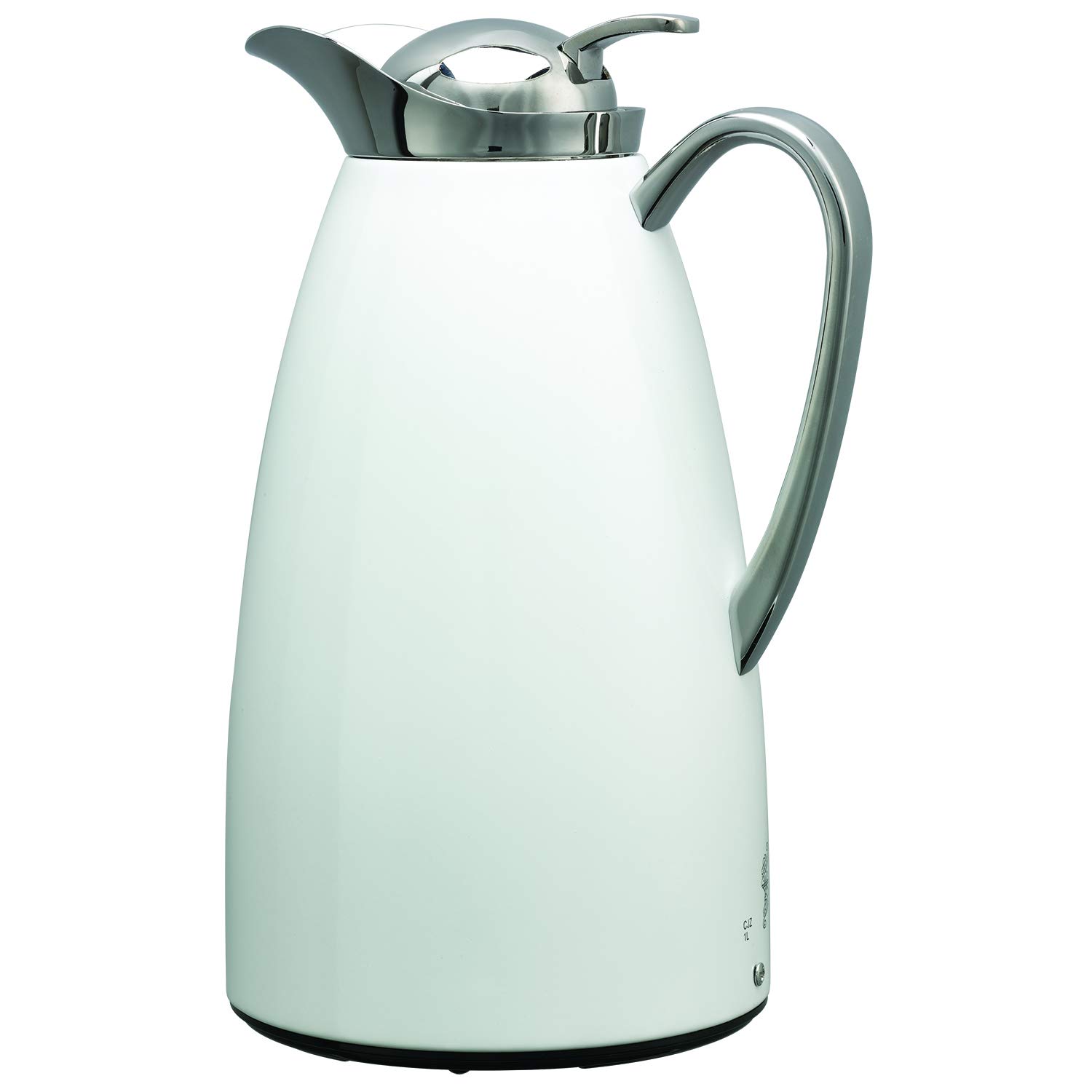 Service Ideas CJZ1WHT Classy Carafe - 1 Liter (33.8 Oz) Glass-Lined Vacuum Insulated White Water Pitcher - Perfect for Office, Home, Parties & Outdoor Gatherings