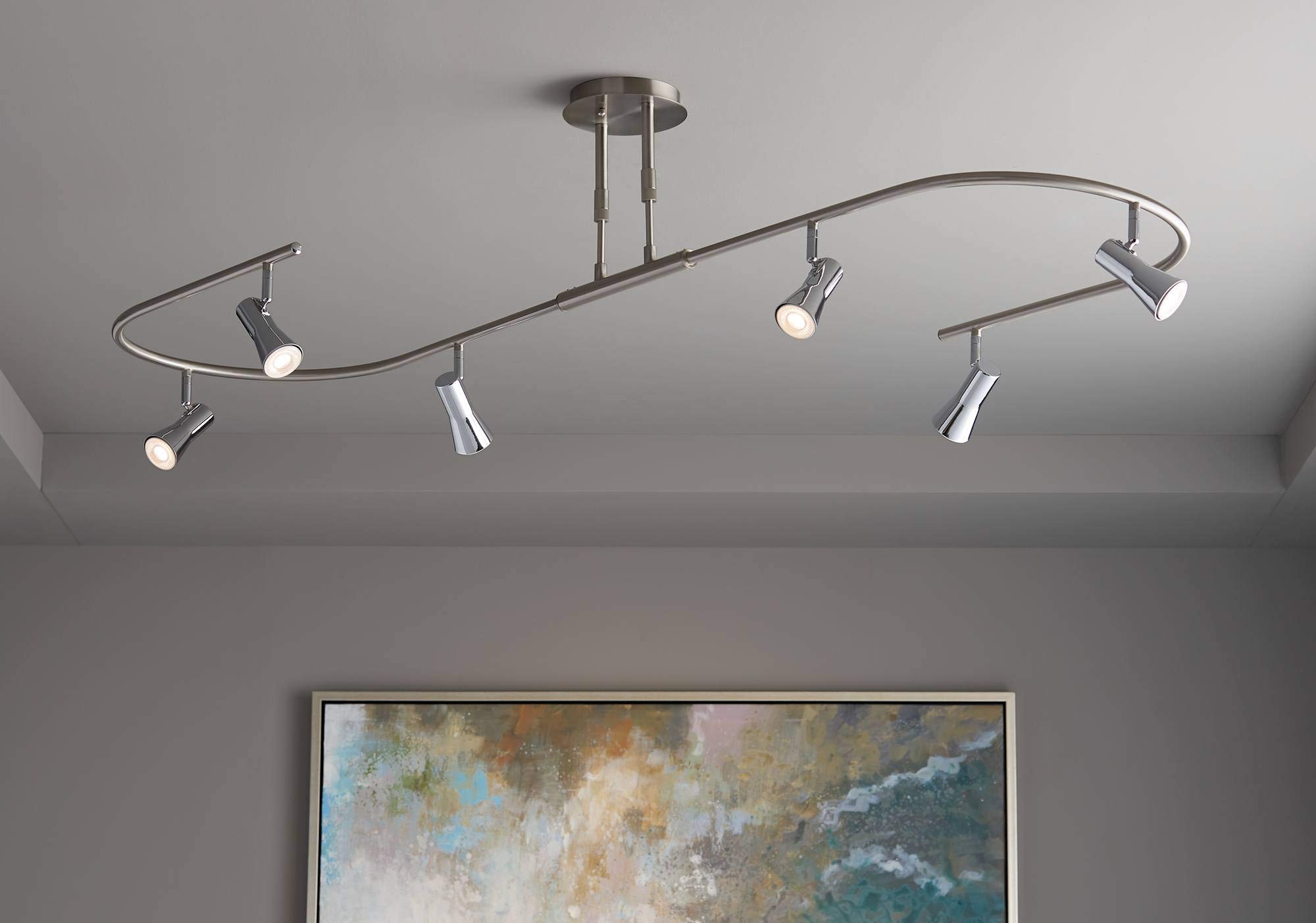 Pro Track U-Shape 6-Head LED Ceiling Track Light Fixture Kit - Adjustable GU10 Spotlights in Brushed Nickel Finish (54.25