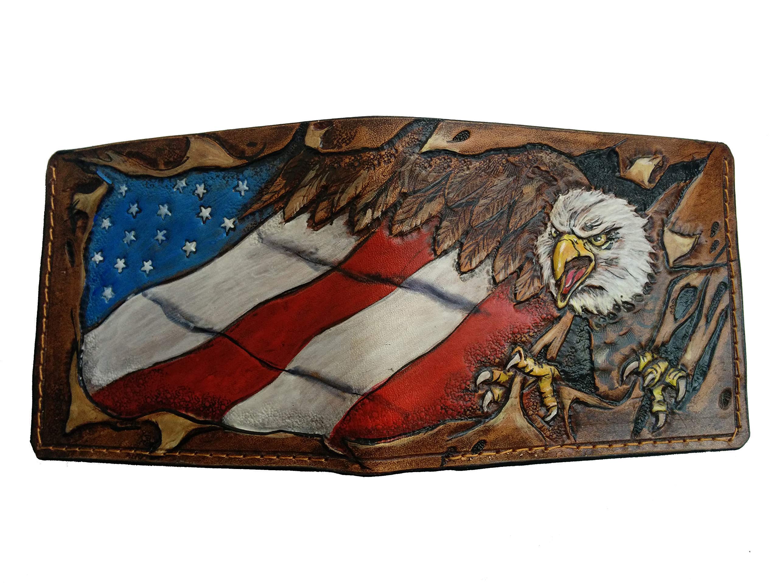 USA Flag Patriotic Military RFID Bifold Wallet for Men - Genuine Leather Handmade Biker Wallet with Bald Eagle & American Flag Embossed Design - Perfect for Veterans, Independence Day & Everyday Carry