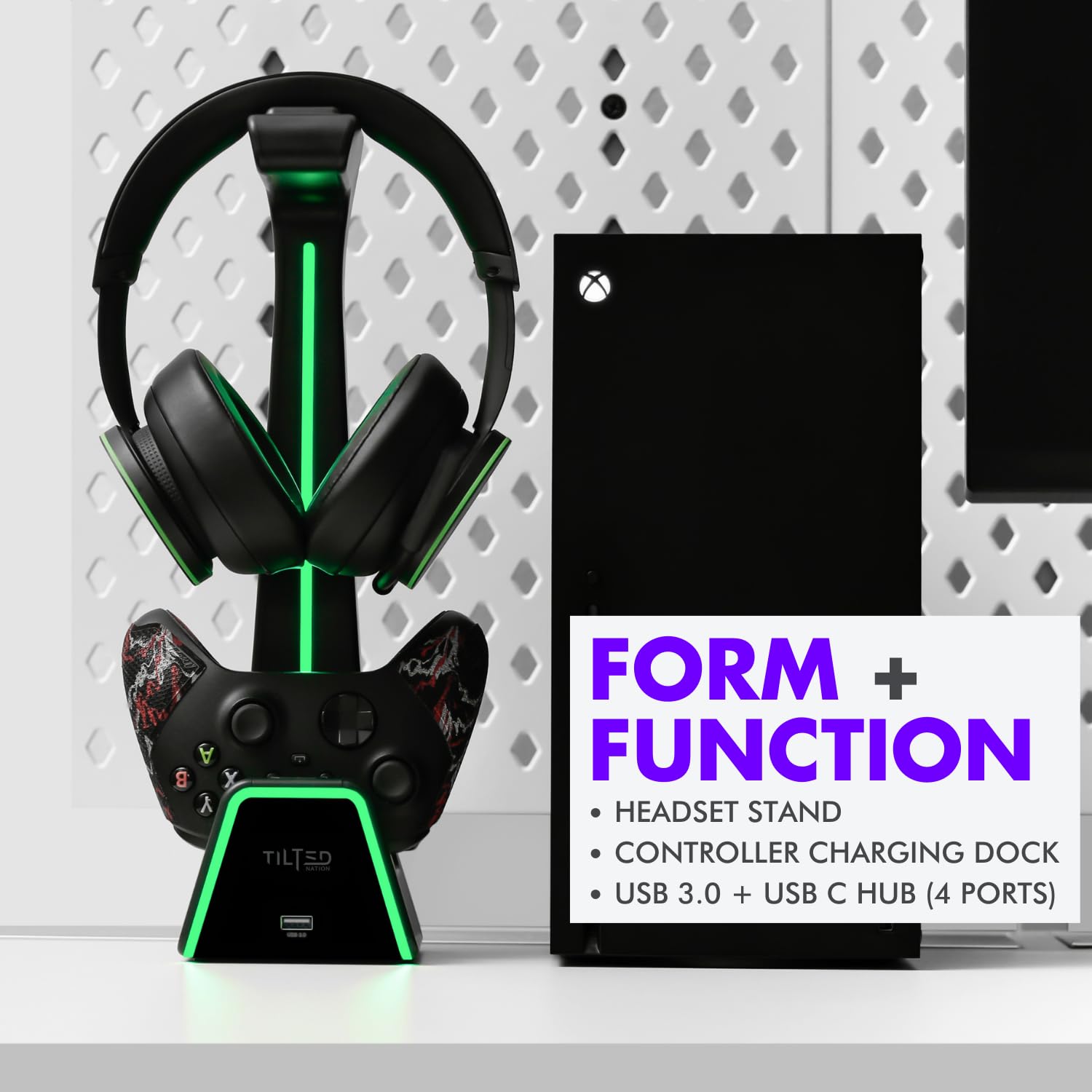 Tilted Nation 3-in-1 Gaming Headset Stand & Controller Charging Station for PS5, Xbox Series X - Magnetic Charger Dock with Headphone Holder & Game Controller Stand for Desk - Perfect for Gaming Setup & Accessories Organization