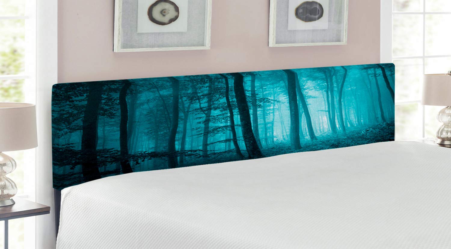 Ambesonne Mystic King Size Upholstered Headboard - Dark Forest Foliage Landscape Art Print with Memory Foam, Teal | Decorative Metal Bed Frame for Modern Bedroom & Guest Room Decor