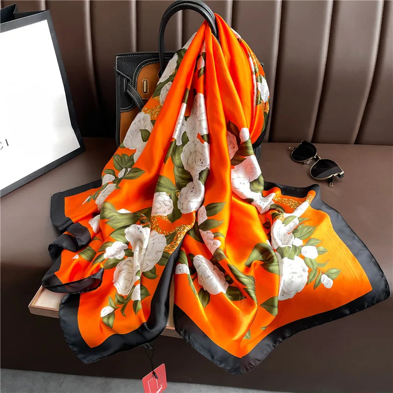 180x90cm Luxury Silk Scarf for Women - Floral Printed Large Shawl, Sun Protection Wrap, Soft Bandana, Hijab & Muffler - Perfect for Beach, Travel, and Formal Occasions