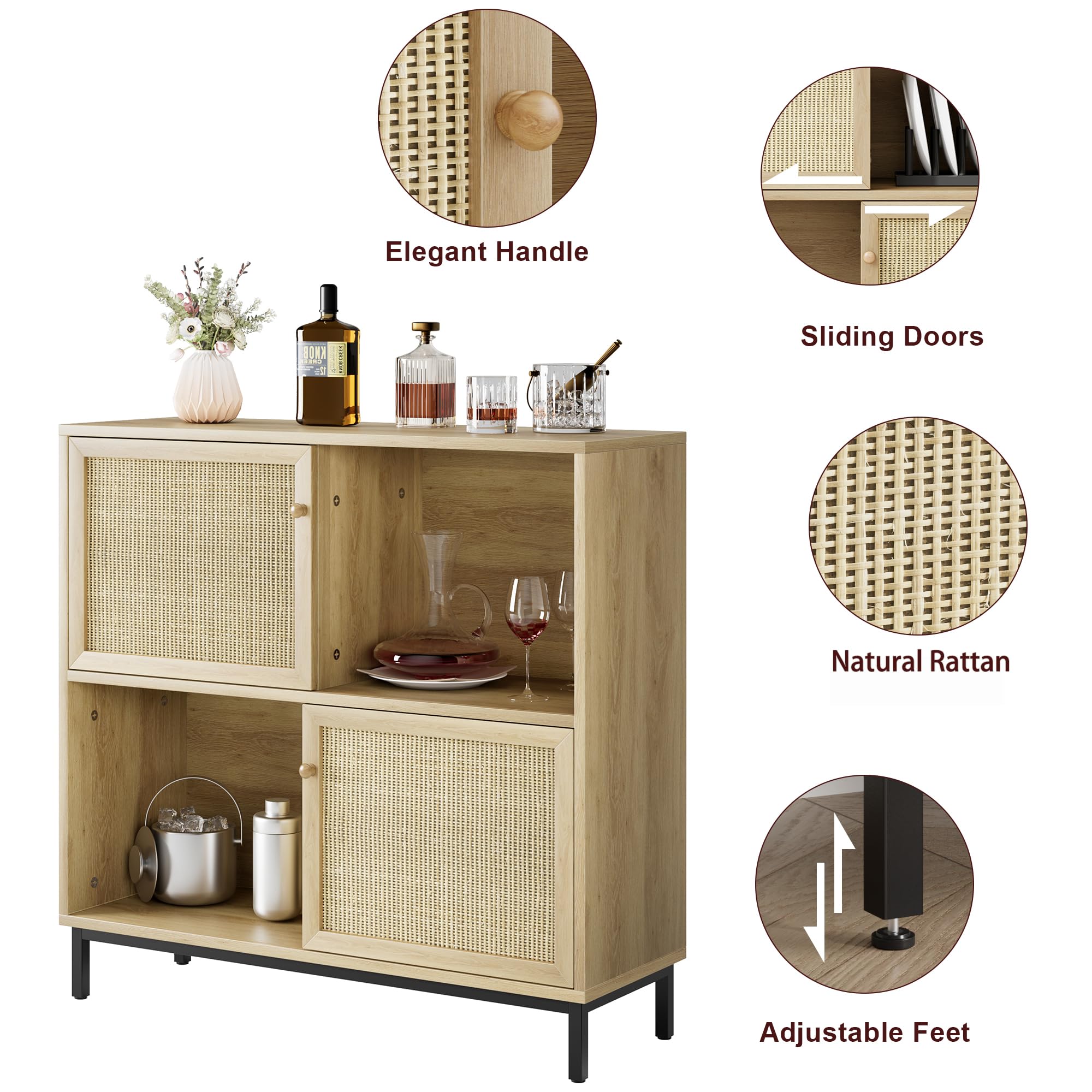 GAOMON Coffee Bar Cabinet - Rattan Sideboard Buffet with Sliding Doors, Wood Wine Liquor Storage Cabinet with 4 Display Cubes - Perfect for Living Room, Kitchen & Dining Room - Ideal for Home Entertaining & Stylish Storage Solutions