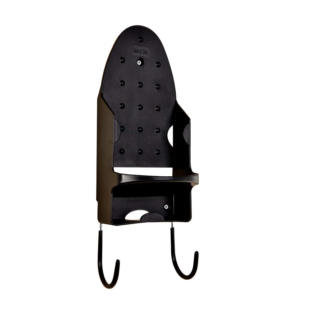 Amosfun Bathroom Storage Organizer - Wall Mounted Shower Shelf with Hooks for Towels, Robes & Iron - Space Saving Bath & Living Room Organizer (Black) - Perfect for Hotel, Home & Apartment Bathroom Organization