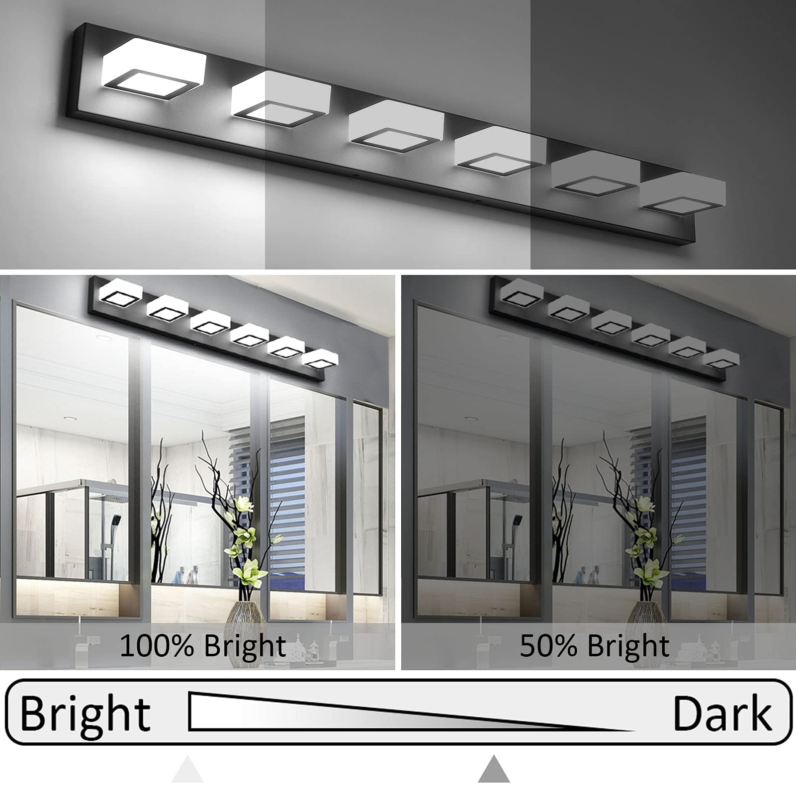 Ralbay 6-Light Dimmable LED Bathroom Vanity Light - Matte Black Modern Wall Sconce with Acrylic Shade, 6000K Cool White - Perfect for Mirror Lighting, Powder Room & Spa-Style Bathroom Decor