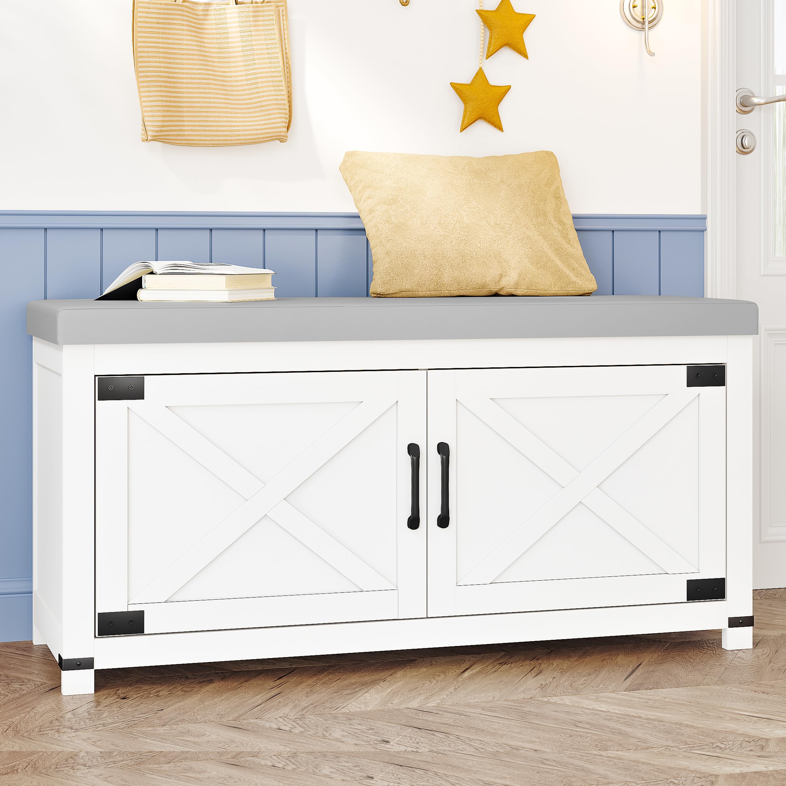 Farmhouse Shoe Storage Bench with Padded Seat - 2 Tier Entryway Shoe Cabinet with Adjustable Shelf & Barn Doors - White Shoe Organizer for Living Room, Bedroom, Hallway - Perfect for Small Spaces & Home Decor (SB26603GY)
