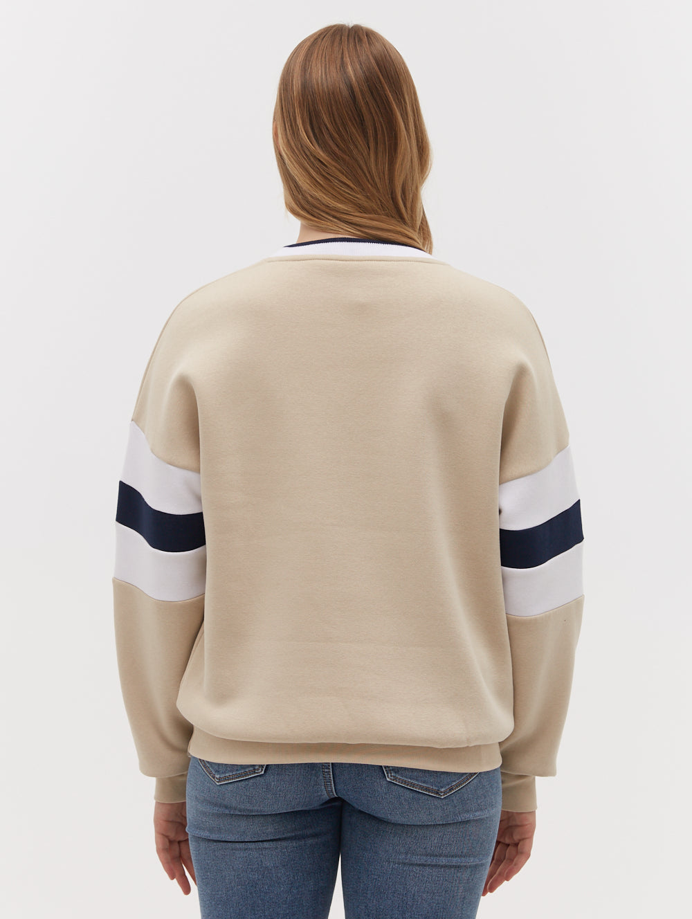 Hendra Stripe Sleeve Crew Neck Sweatshirt for Women - Soft Casual Pullover with Striped Sleeves - Perfect for Fall Outfits, Weekend Wear & Layering