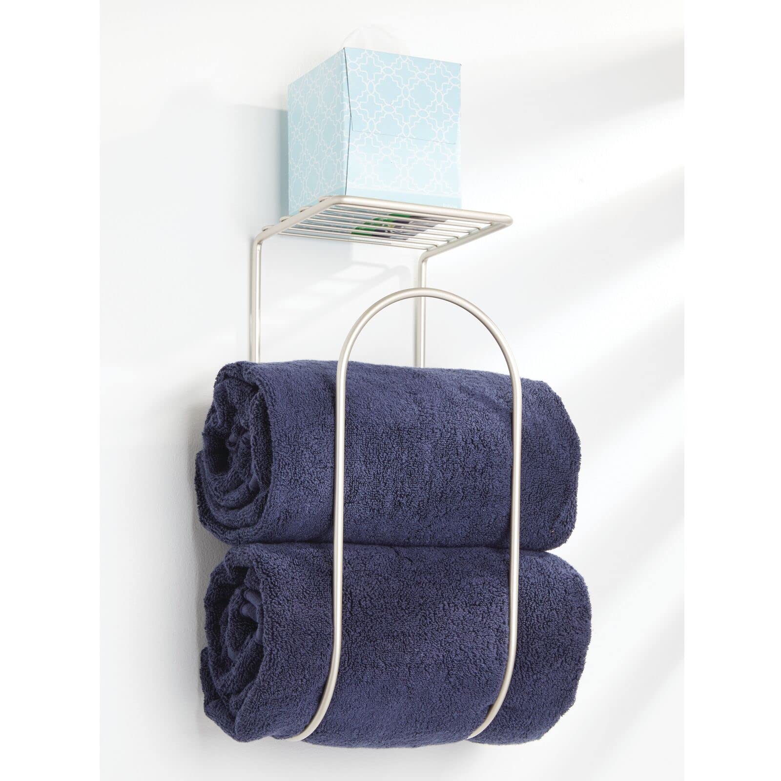 Modern Metal Wall Mount Towel Rack with Storage Shelf - Bathroom Organizer for Towels, Washcloths & Hand Towels - Curved Decorative Design in Satin Finish - Perfect for Small Bathrooms, Powder Rooms & Spa Spaces