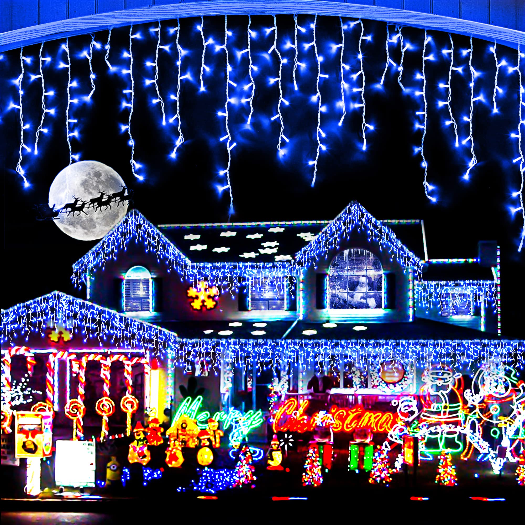98.5ft LED Christmas Lights Outdoor Decorations - 1216 LEDs, 8 Lighting Modes, 228 Drops, Waterproof, Timer & Memory Function - Perfect for Christmas, Holiday, Wedding, Party, Garden, and Home Decor (Blue)