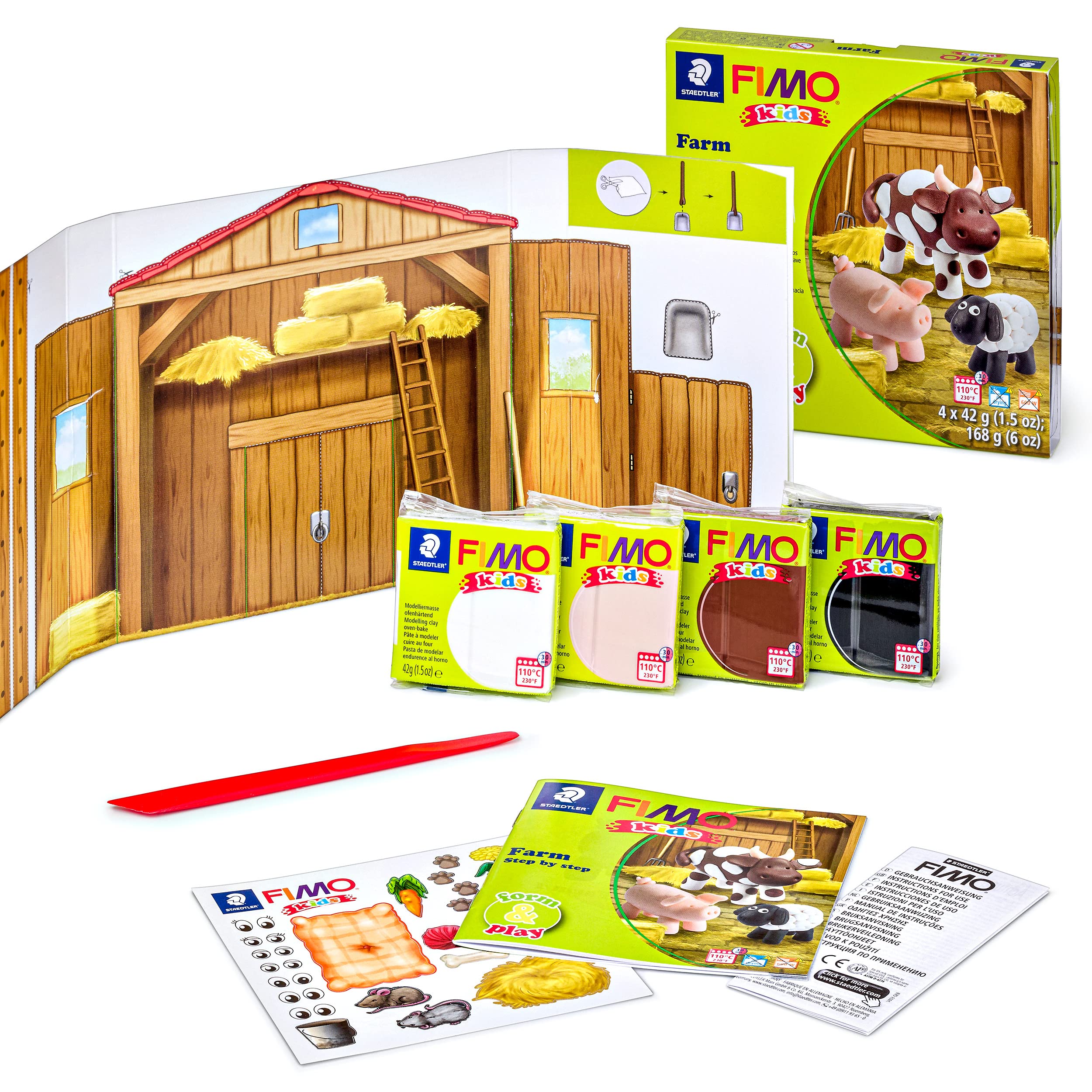 STAEDTLER 8034 01 LZ FIMO Kids Form & Play Polymer Clay Modeling Kit - Farm Theme (4 Clay Blocks, Tools, Stickers & Background) | Creative Art & Craft Activity for Children, DIY Farm Animal Sculpting, Educational Playtime Gift