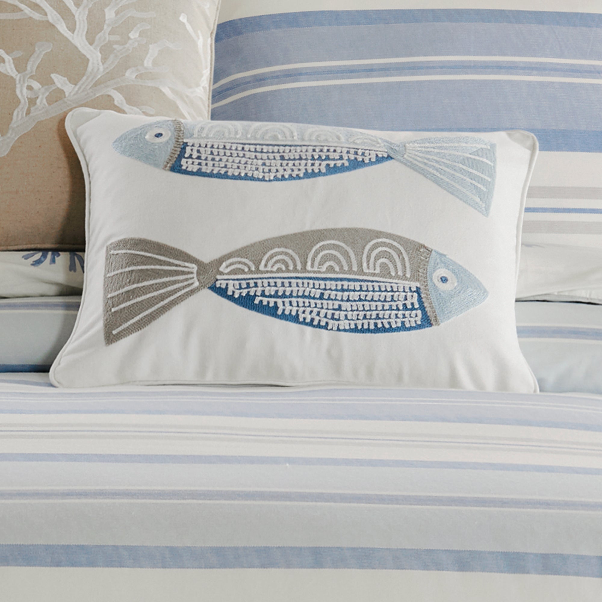 Ipanema Embroidered Fish Pillow - Soft Decorative Throw Cushion for Sofa, Bed, Nursery | Boho Home Decor, Unique Gift Idea