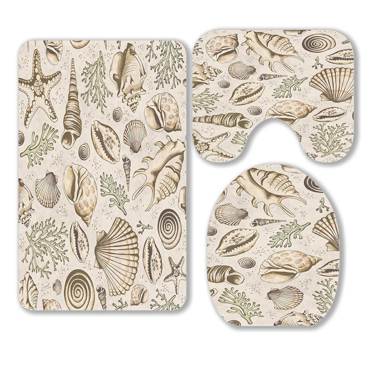 Vintage Seashell Coral Starfish Bathroom Rug Set - 3 Piece Non-Slip Bath Mat, Contour Mat & Toilet Lid Cover - Coastal Beach Theme Bath Decor for Bathroom, Guest Room & Vacation Homes
