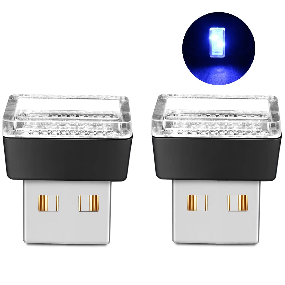 Mini USB LED Lights for Car Interior - Blue (2 Pack) | USB Powered Night Light for Dashboard, Cup Holder, Glove Box | Perfect for Night Driving & Car Decor