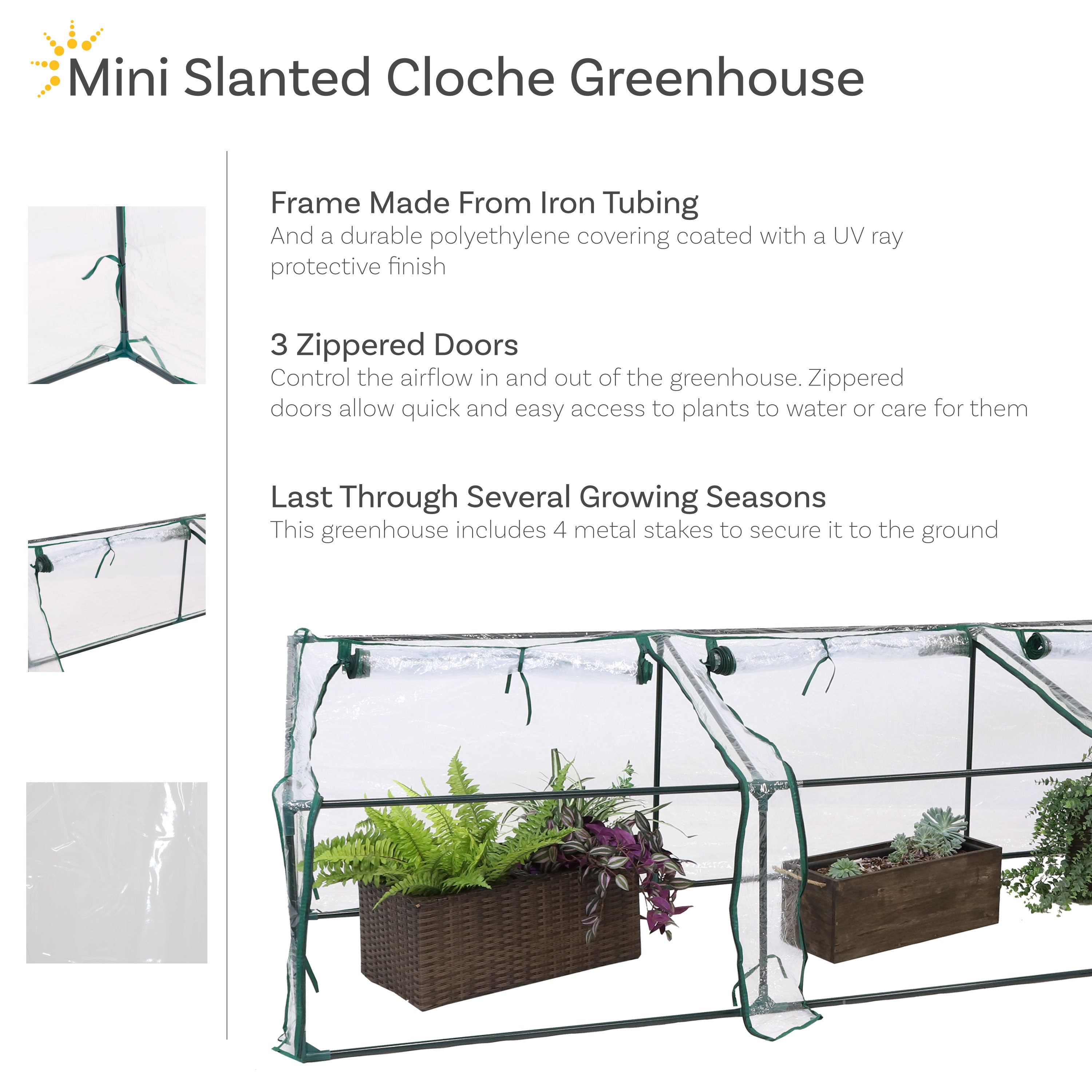 Sunnydaze Slanted Mini Cloche Greenhouse with Zippered Doors - Clear Small Plant Cover for Indoor/Outdoor Gardening, Seed Starting & Plant Protection