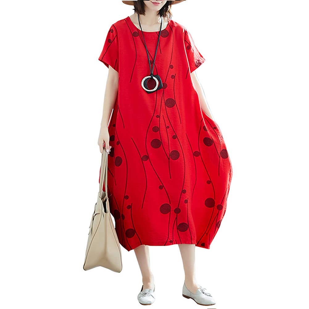 Versear Women's Cotton Linen Dot Print Midi Dress - Vintage Loose Fit Short Sleeve Plus Size Casual Dress for Summer, Beach, Travel & Everyday Wear