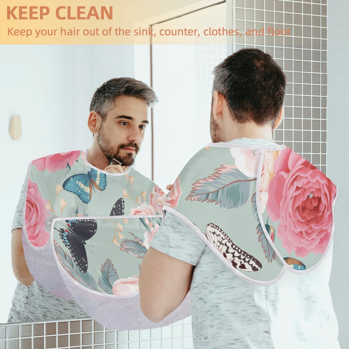Non-Stick Beard Bib for Men with Suction Cups - Peony Roses Butterfly Design Shaving Apron, Grooming Cape & Hair Catcher - Perfect Birthday Gift for Husband & Dad - Ideal for Home Barbering & DIY Grooming