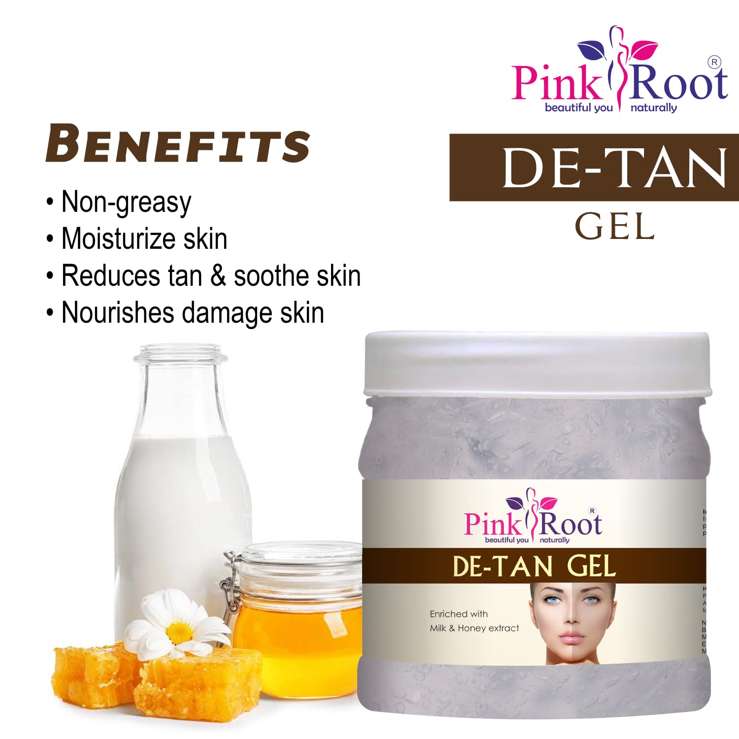 Pink Root DE-TAN Gel with Milk & Honey Extract - 500gm Brightening Face Wash for Glowing Skin | Perfect for Daily Skincare & Sun Damage Repair