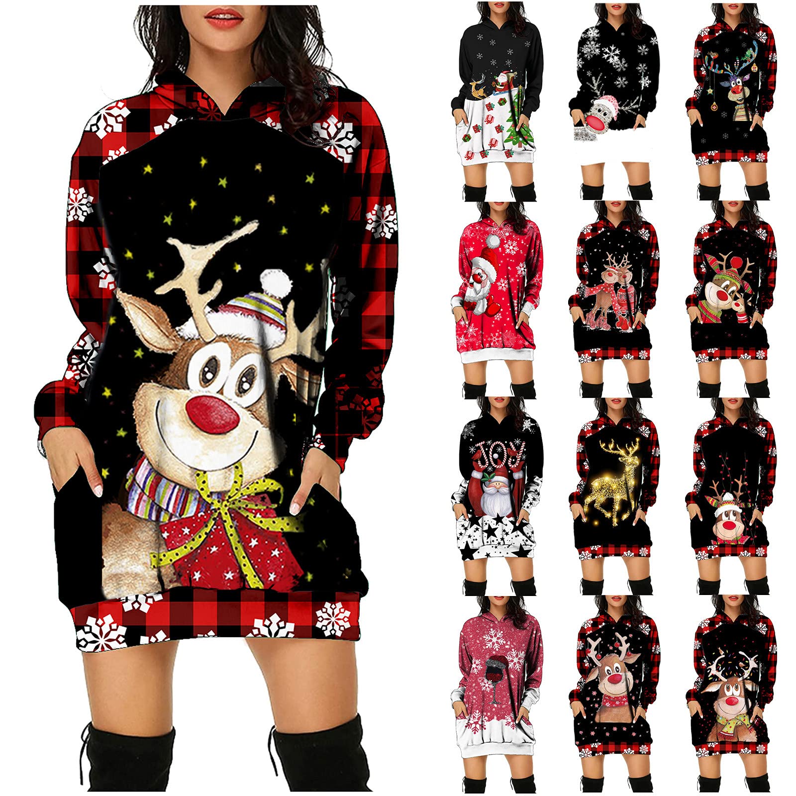 Women's Christmas Long Sleeve Hoodie Dress with Pockets & Drawstring - Cozy Pullover Sweatshirt Dress for Holiday Parties, Family Gatherings & Winter Outfits