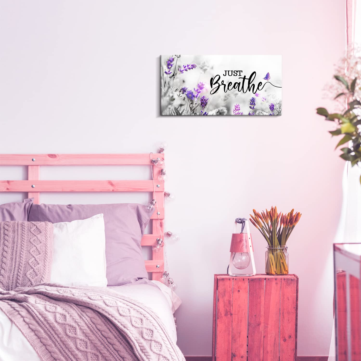 Creoate Just Breathe Purple Lavender Wall Art with Inspirational Quotes - Canvas Print for Bedroom & Home Decor - Perfect for Relaxing Spaces, Meditation Rooms and Gift Giving