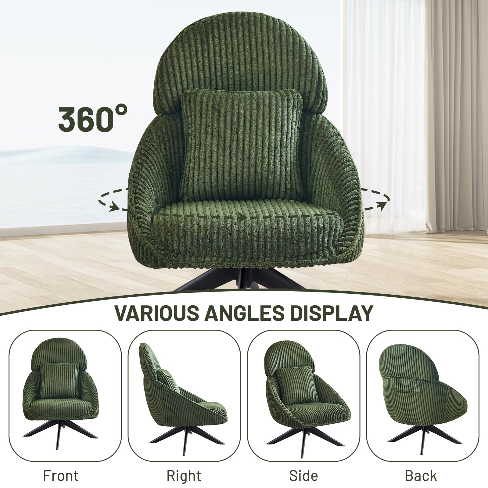 Furniliving Modern Upholstered Swivel Accent Chair - Green Corduroy Armchair with Headrest & Metal Legs for Living Room, Bedroom, Office | Comfortable Lounge Chair with Pillow for Relaxing, Reading & Entertaining