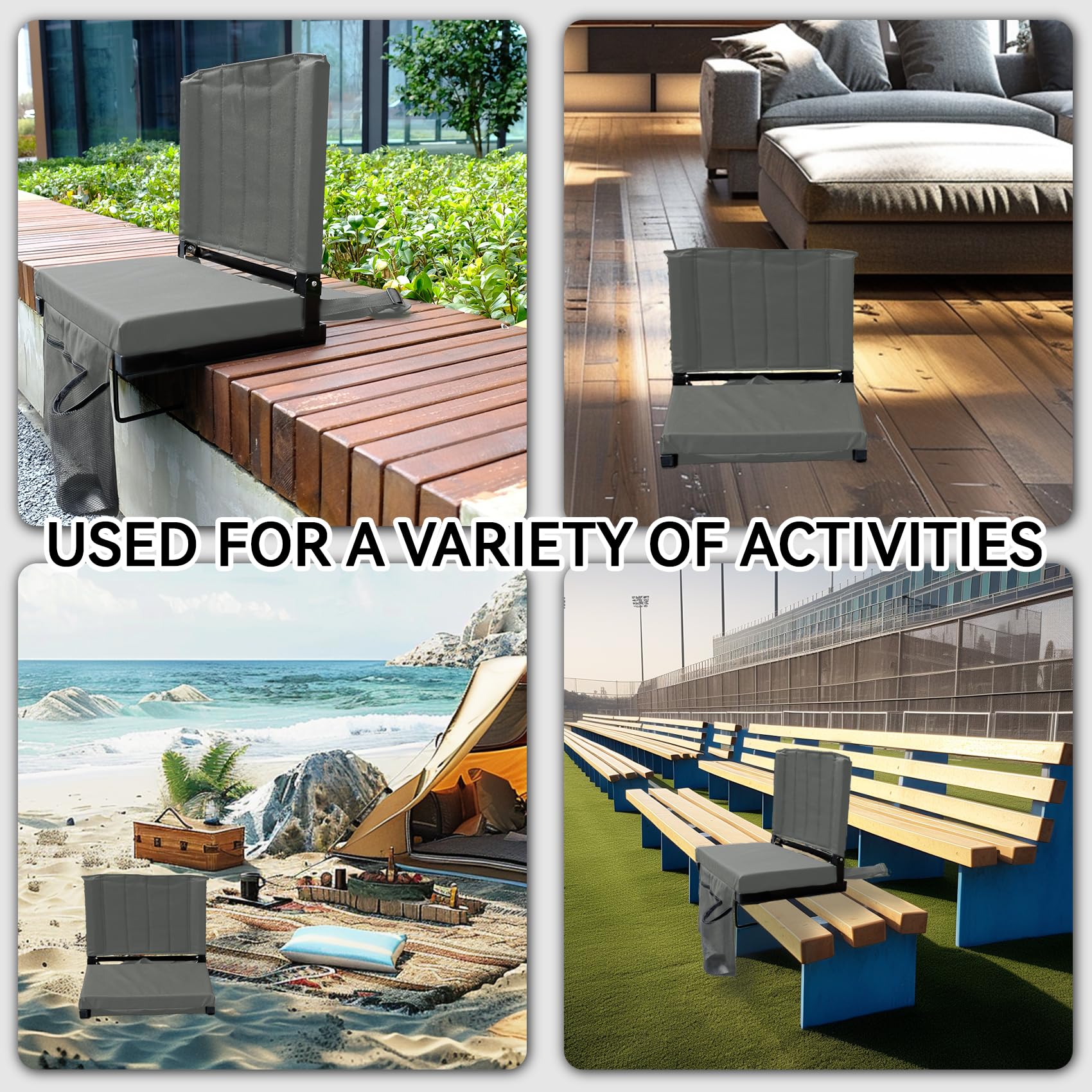 Comfortable Folding Stadium Seats with Back Support & Cushion - Portable Bleacher Chairs with Shoulder Strap, Carry Handle, Storage Pockets & Cup Holder - Perfect for Football Games, Baseball Matches, Concerts & Outdoor Events