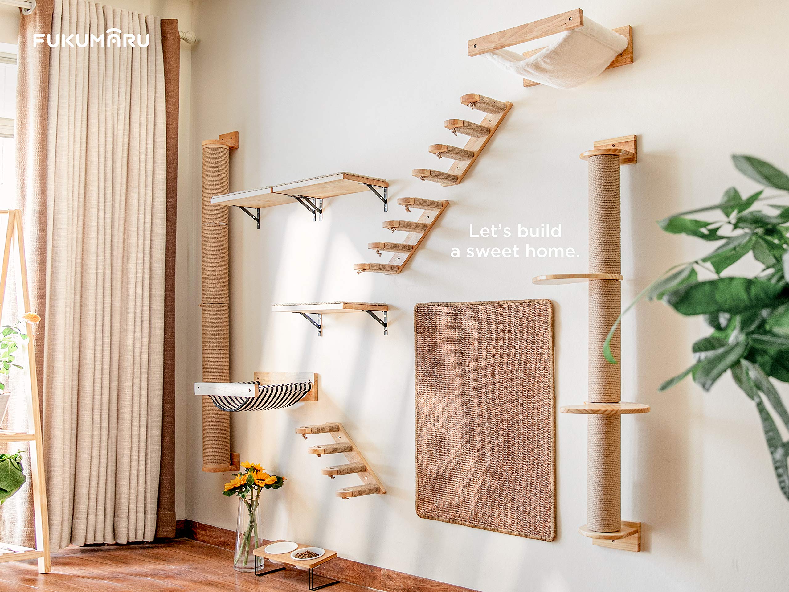 FUKUMARU Wall Mounted Cat Hammock Bed - Wooden Kitten Perch & Climbing Shelf for Sleeping, Playing, Lounging - Stable Cat Wall Furniture with Black Stripe Design - Perfect for Small Spaces & Multi-Cat Homes