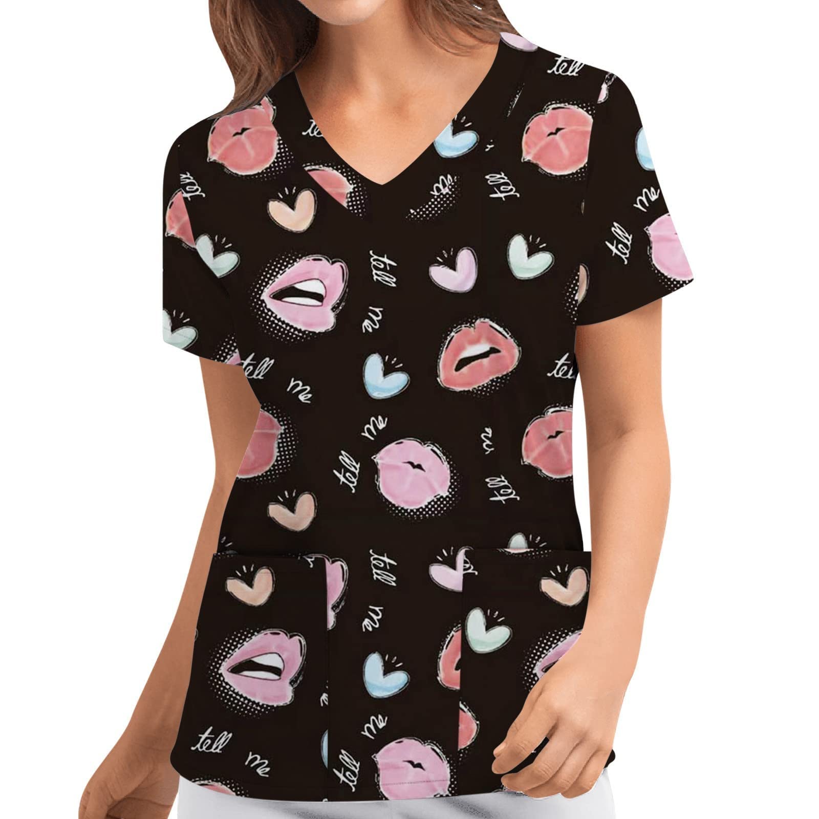 Women's Casual Short Sleeve V-Neck Work Blouse with Printed Pockets - Valentine's Day Office Shirt for Business Casual & Outgoing Occasions