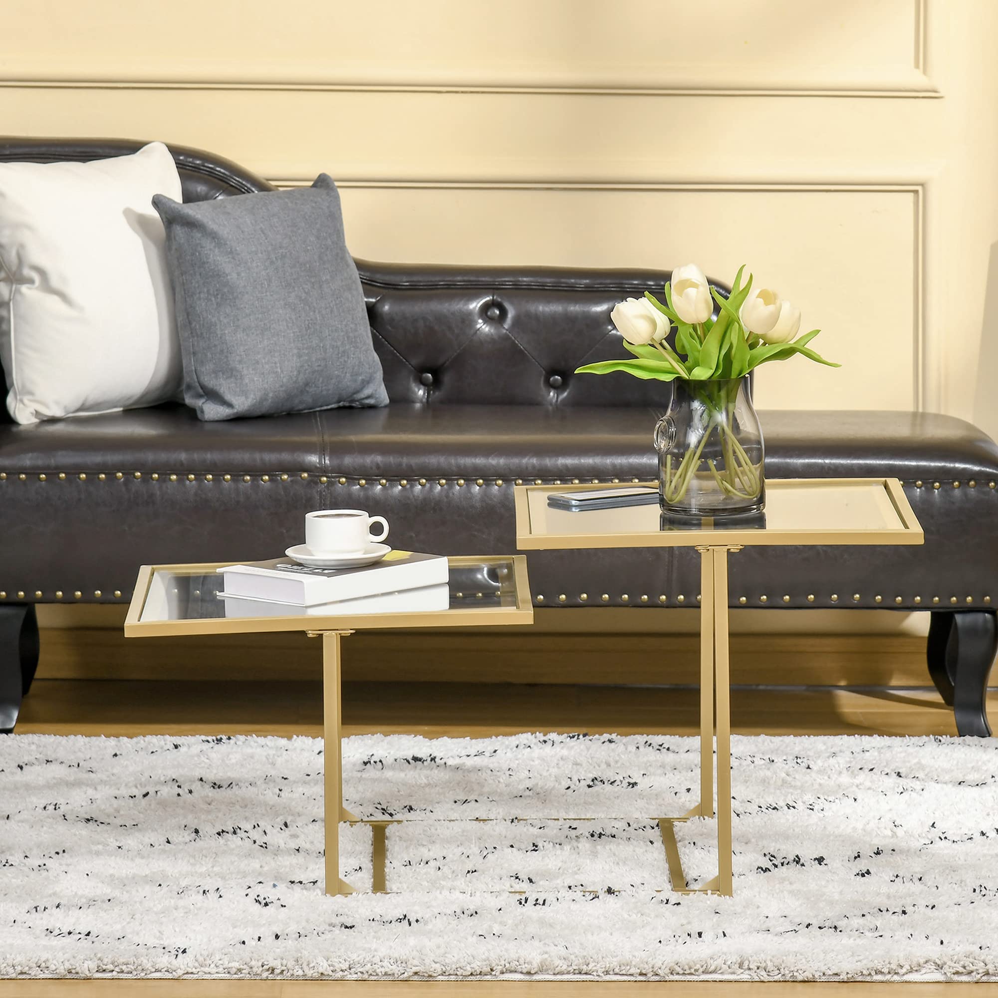 HOMCOM Modern Gold Tempered Glass Coffee Table with 2 Square Tabletops - Stylish Living Room & Bedroom Furniture for Home Decor | Perfect for Small Spaces & Entertaining Guests