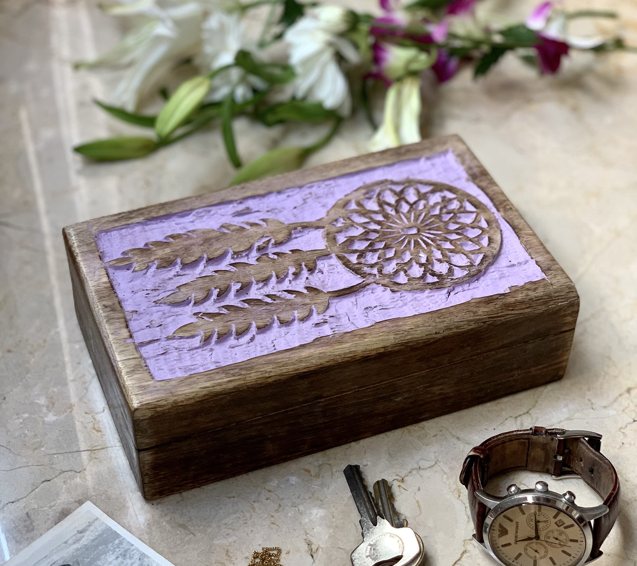 Handmade Wooden Dream Catcher Jewelry Box - Decorative Keepsake Storage Organizer for Necklaces, Rings & Watches | Perfect Birthday Gift for Women, Violet | Bedroom Decor, Wedding Present, Anniversary Gift