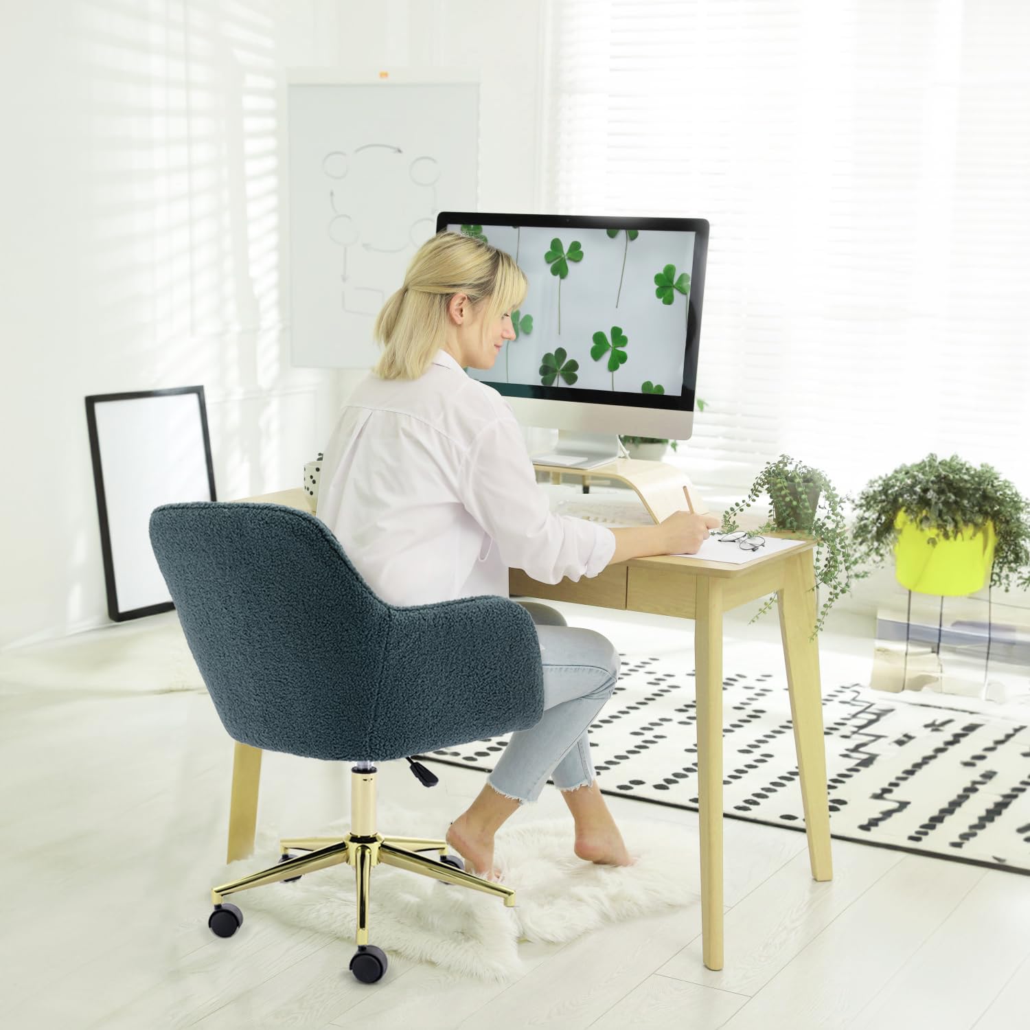 Teddy Fabric Home Office Chair - Cute Swivel Desk Chair with Wheels, Modern Rolling Adjustable Vanity Chair with Gold Base for Home Office, Vanity Room, Bedroom - Perfect for Work from Home, Gaming, and Makeup Station
