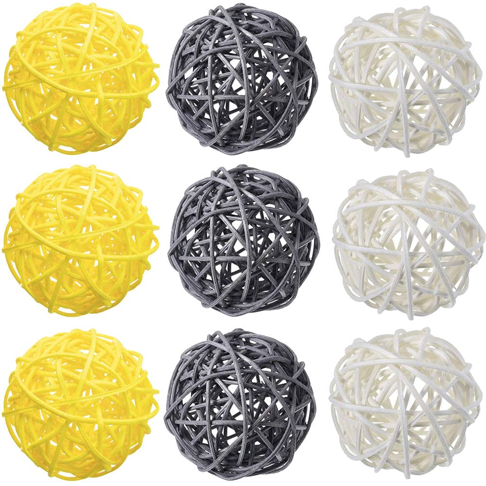 9 Pcs 3 Inch Wicker Balls Decorations - Natural Rattan Balls for Home Decor, DIY Vase Filler, Wedding Table Centerpiece, Baby Nursery & Party Decoration (White, Yellow, Grey) | Perfect for Boho, Farmhouse & Rustic Style Decorating