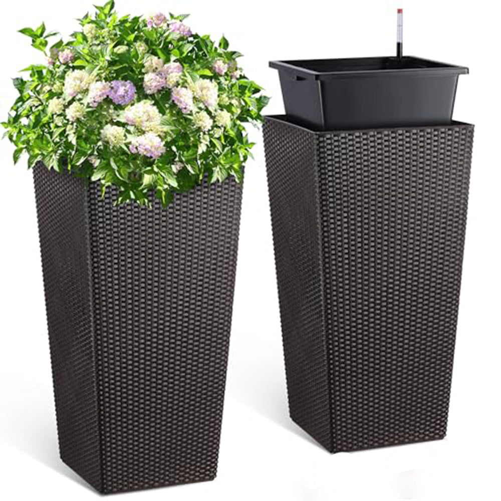 GARVEE 30 Inch Tall Rattan Planters Set of 2 - Indoor & Outdoor Planter Pots with Drainage Holes, Water Level Monitor & Inner Bucket - Automatic Watering Brown Flower Pots for Porch, Patio, Garden & Home Decor