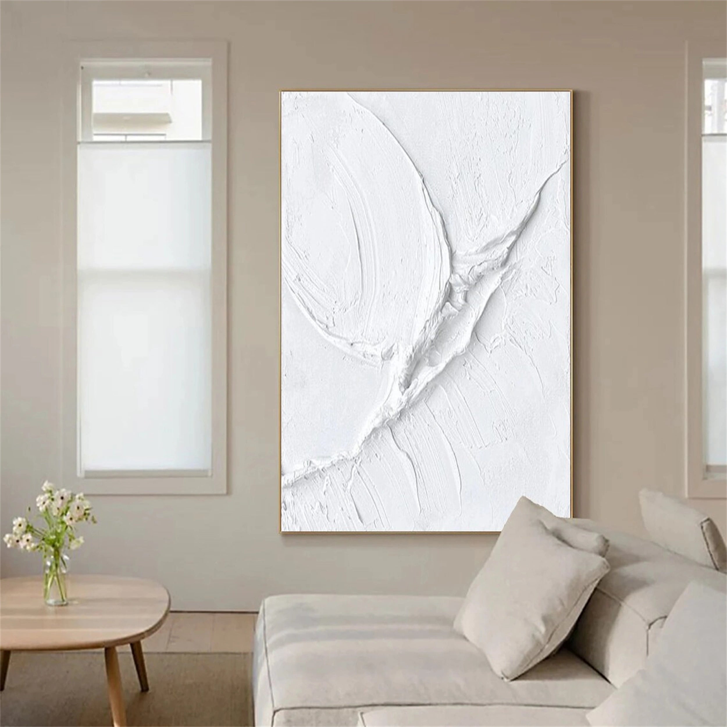 White Minimalist Textured Painting Canvas - Modern Abstract Wall Art for Living Room & Bedroom Decor | Premium Quality #MM161