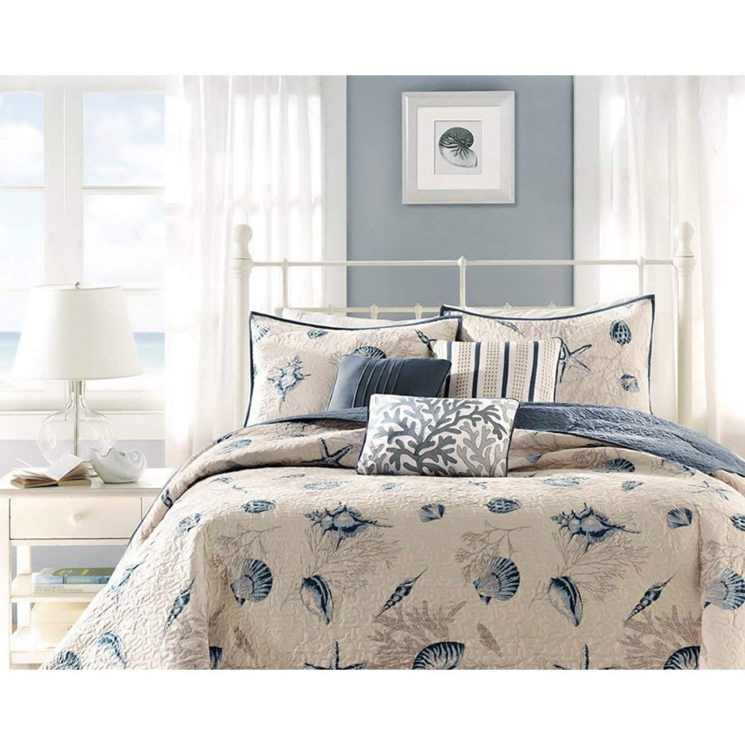 Nautical Seashell Beach House Full/Queen Quilt Set with Shams & Toss Pillows - 6 Piece Coastal Bedding for Beach Cottage & Vacation Home Decor