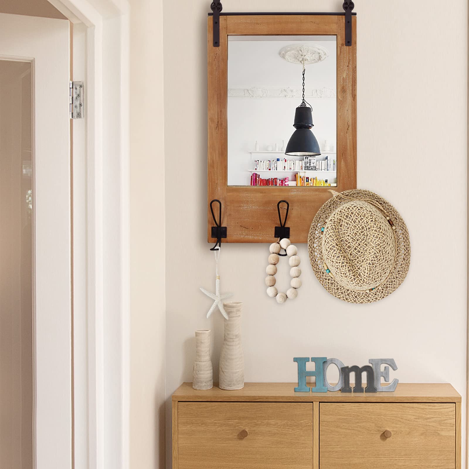 Rustic Wood Framed Wall Mirror with Hooks - 15
