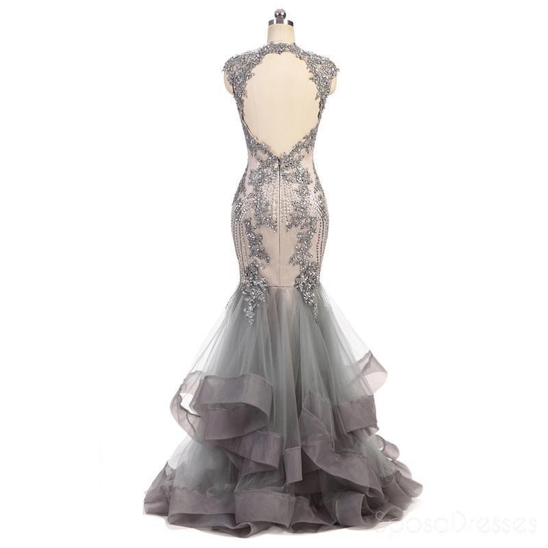 Elegant Grey Cap Sleeves Lace Beaded Mermaid Evening Gown - Long Prom Dress for Sweet 16, Homecoming & Formal Events | Style 18363