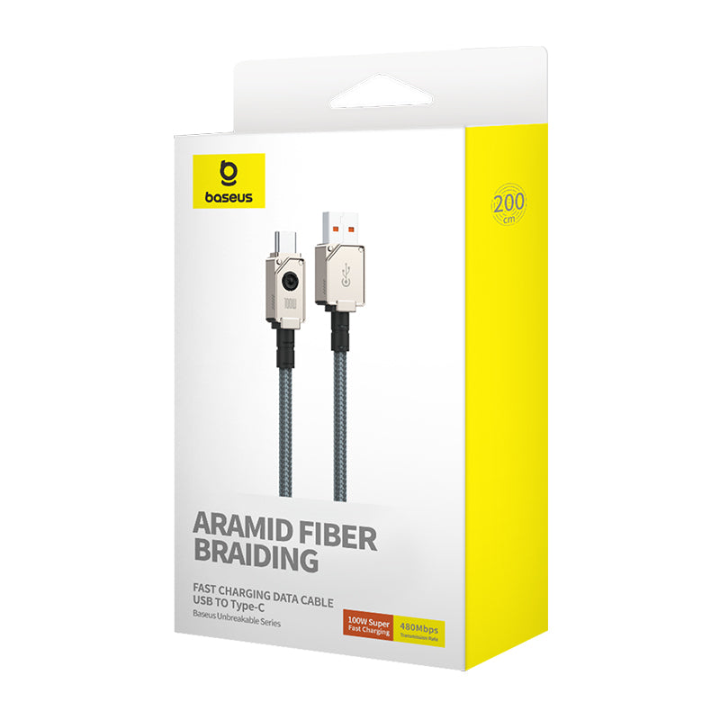 Baseus Unbreakable 2m USB to Type C Fast Charging Cable 100W - White | Durable Charger for Home, Office & Travel