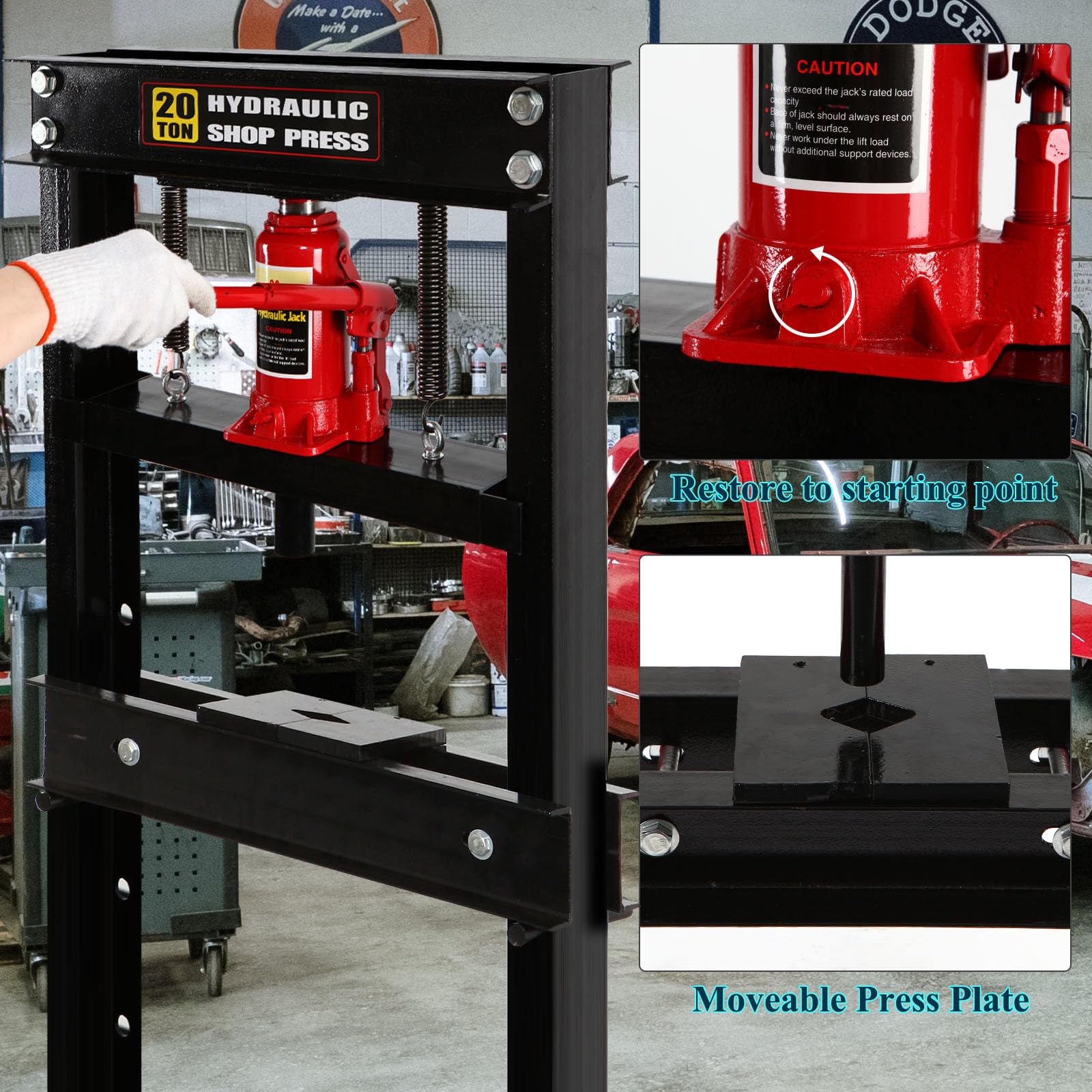 20 Ton Hydraulic Shop Press with Adjustable Height Work Table - Heavy Duty Garage Floor Press for Metalworking, Automotive Repair & DIY Projects
