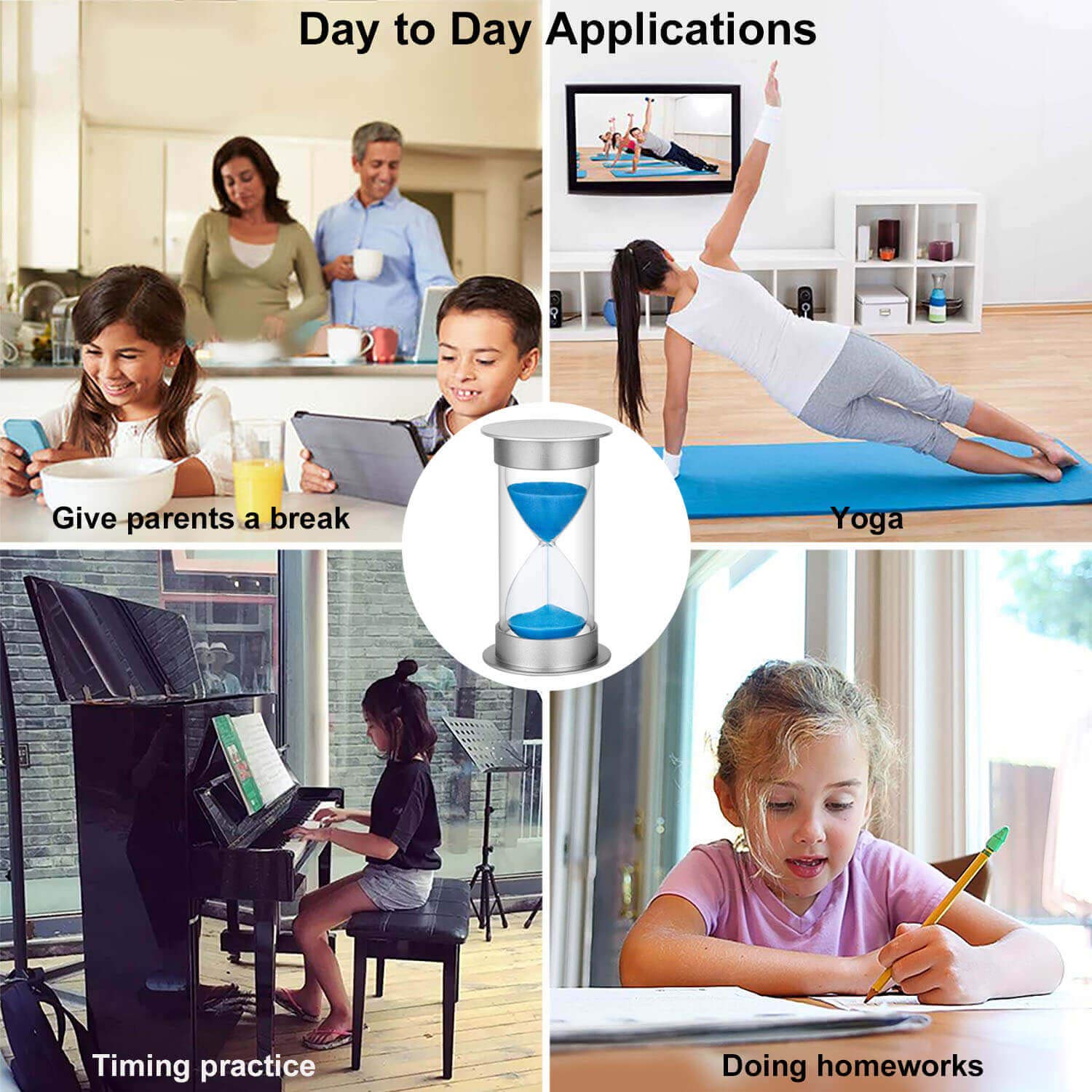 15 Minute Plastic Sand Timer Hourglass - Silver & Blue Sand Clock for Kids, Games, Classroom, Kitchen Decor | Time Management Tool for Cooking, Board Games, Study Sessions & Home Office Organization