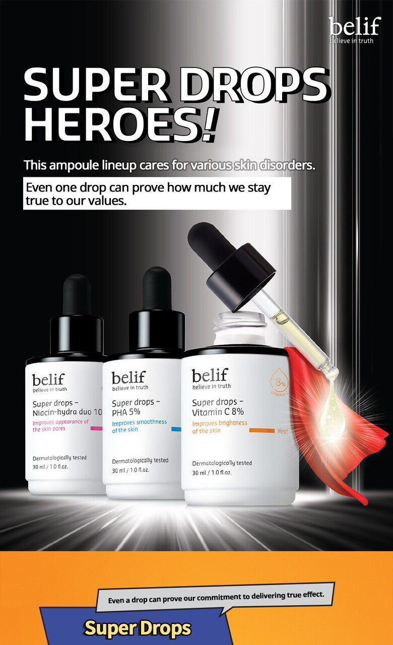belif Super Drops Vitamin C 8% Ampoule 30mL - Brightening Serum for Face, Dark Spots & Uneven Skin Tone | Daily Skincare Routine, Morning & Night Use